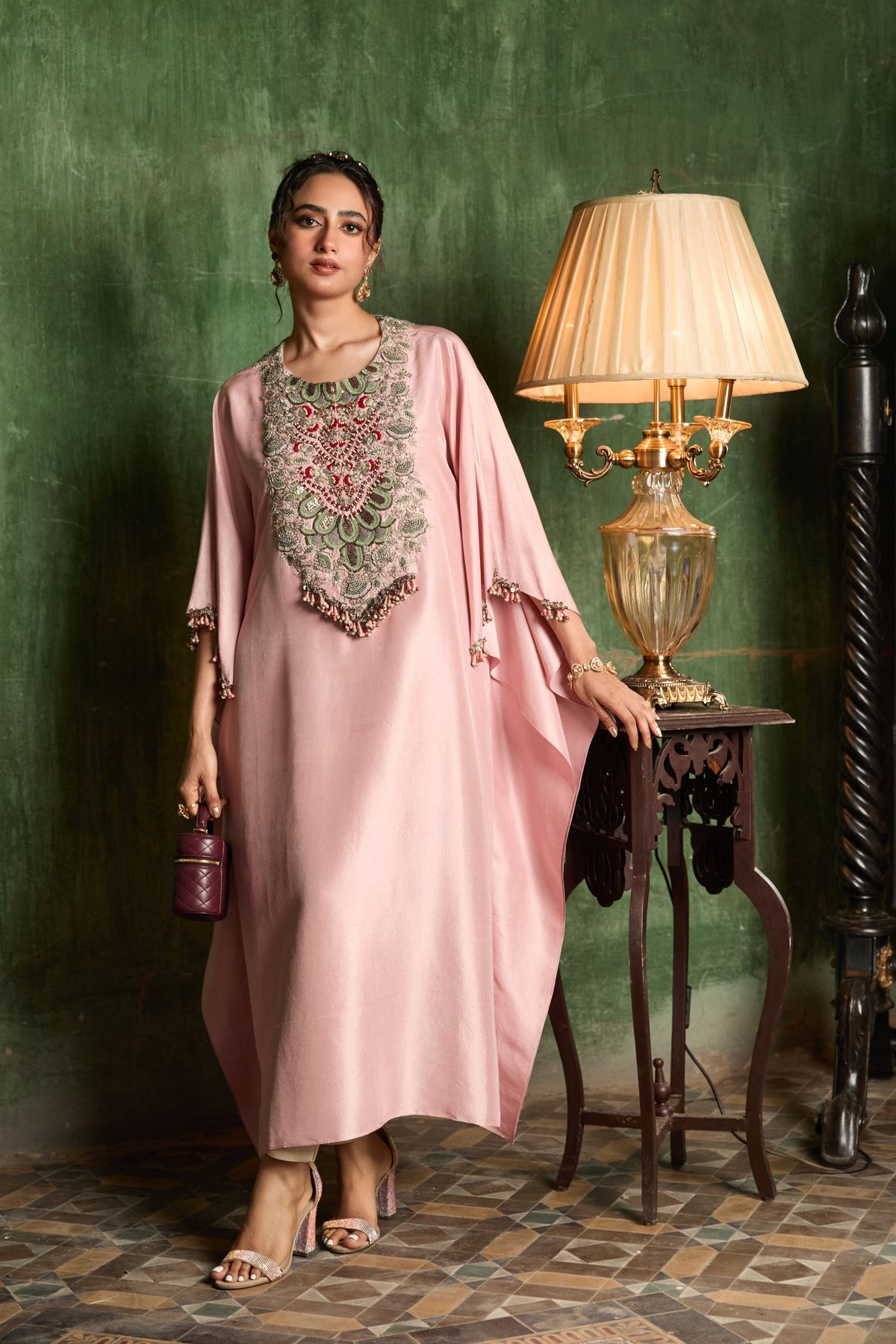 Peach Thread Work Kaftaan Set