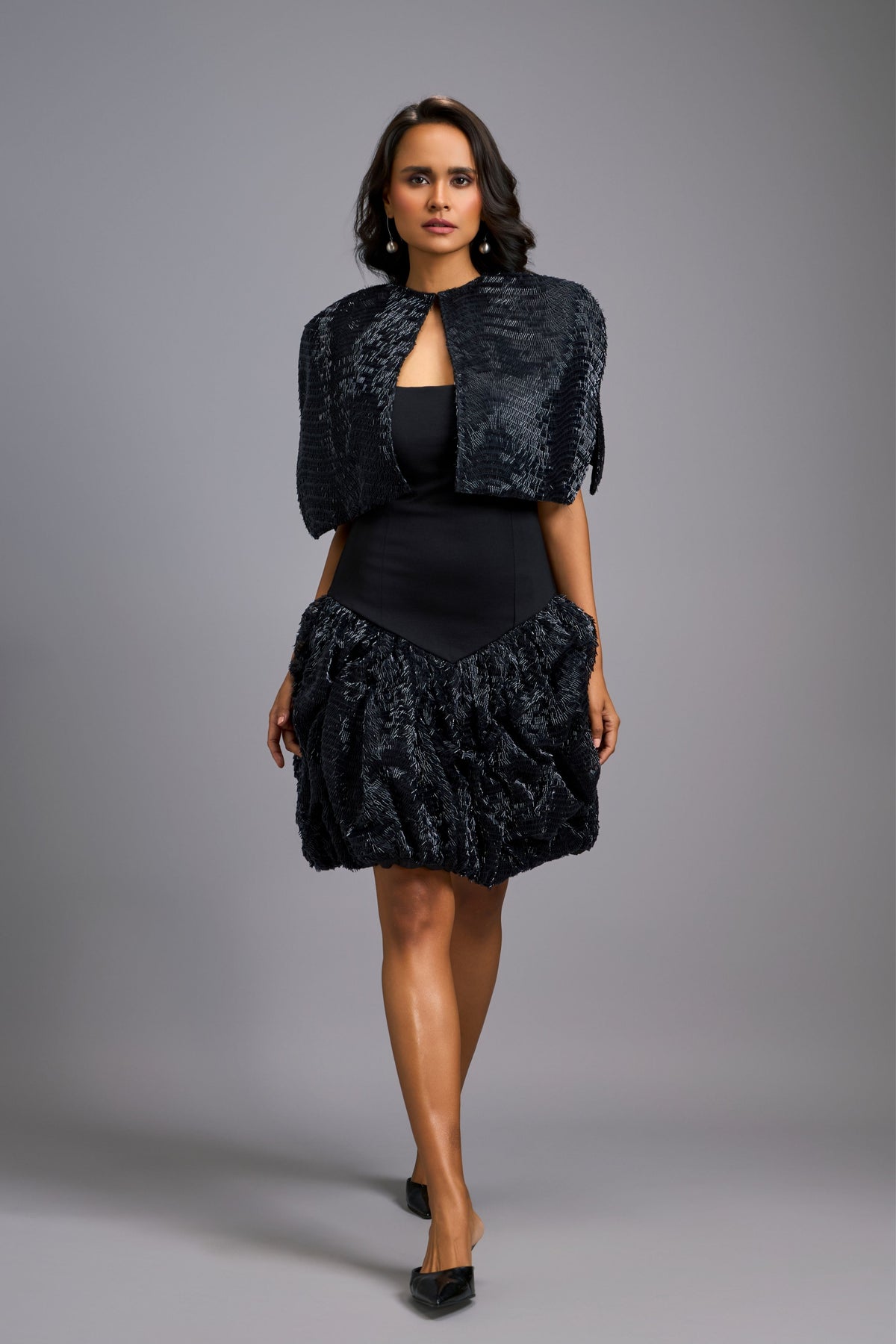 Shimmer Embroidered Black Cape Dress