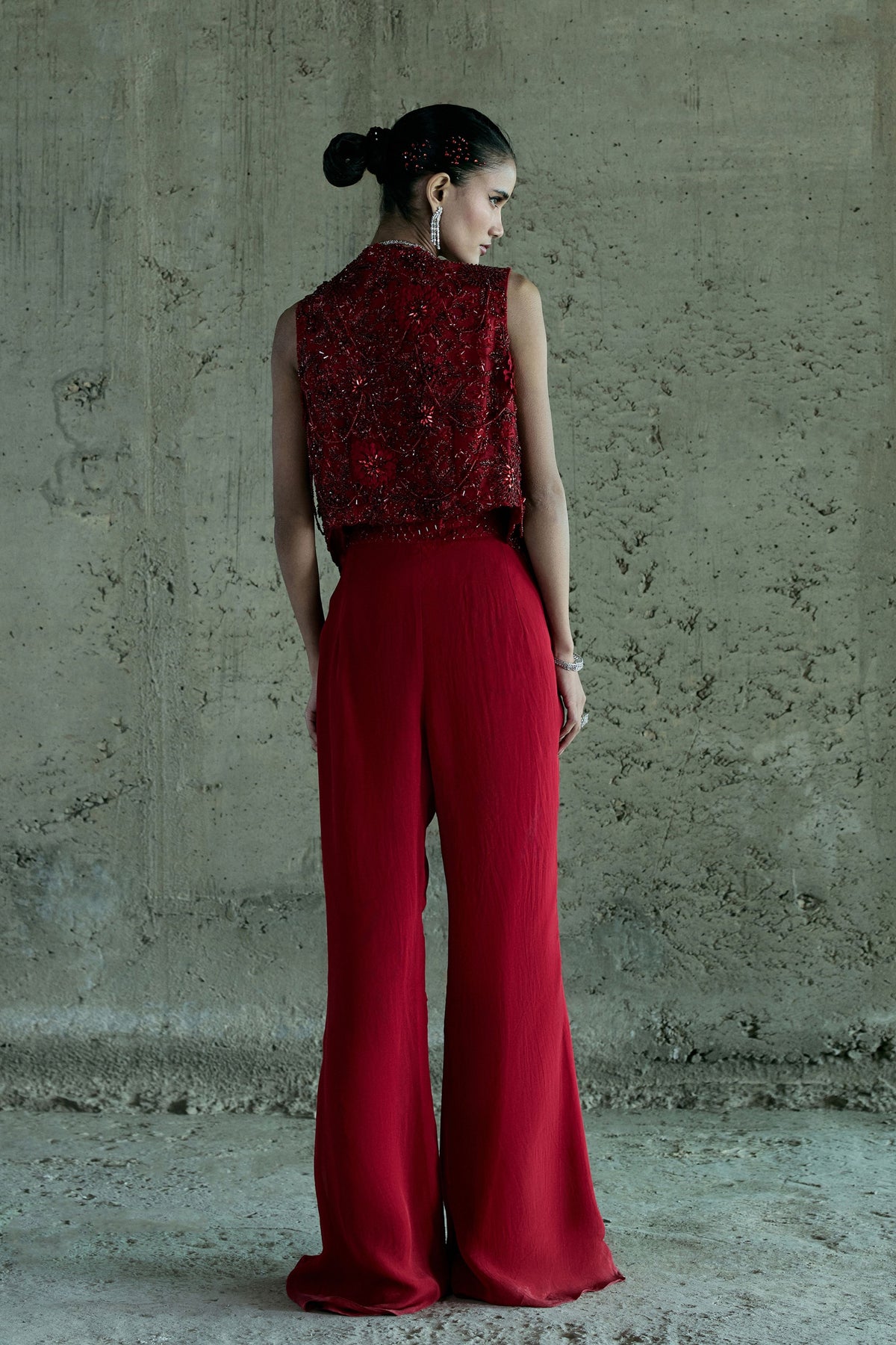 Red Embellished Jacket Set