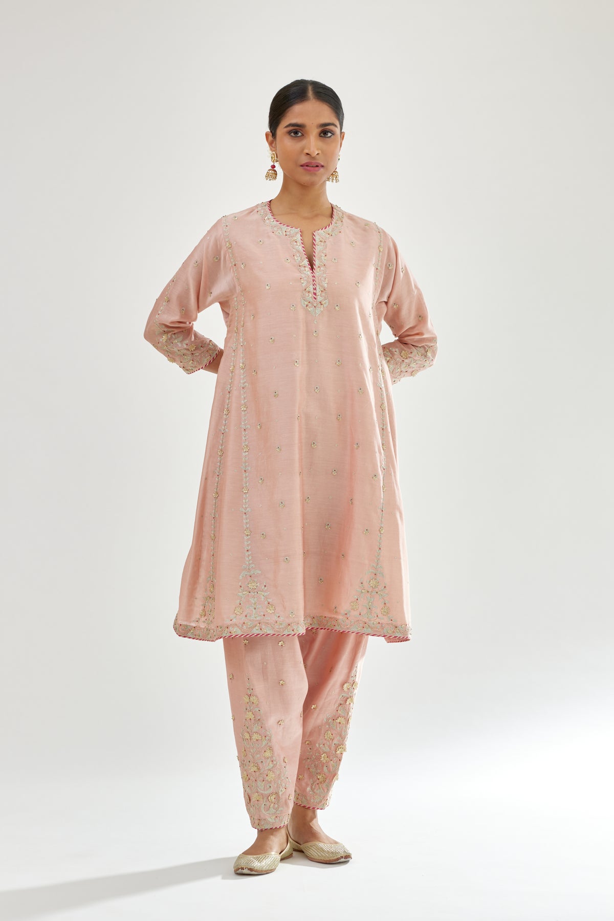 Pink Silk Chanderi Short Kalidar Kurta Set