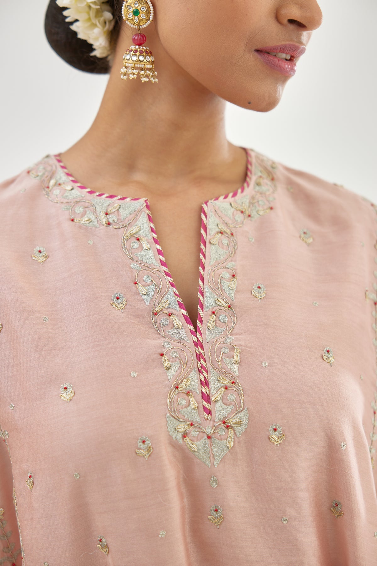 Pink Silk Chanderi Short Kalidar Kurta Set