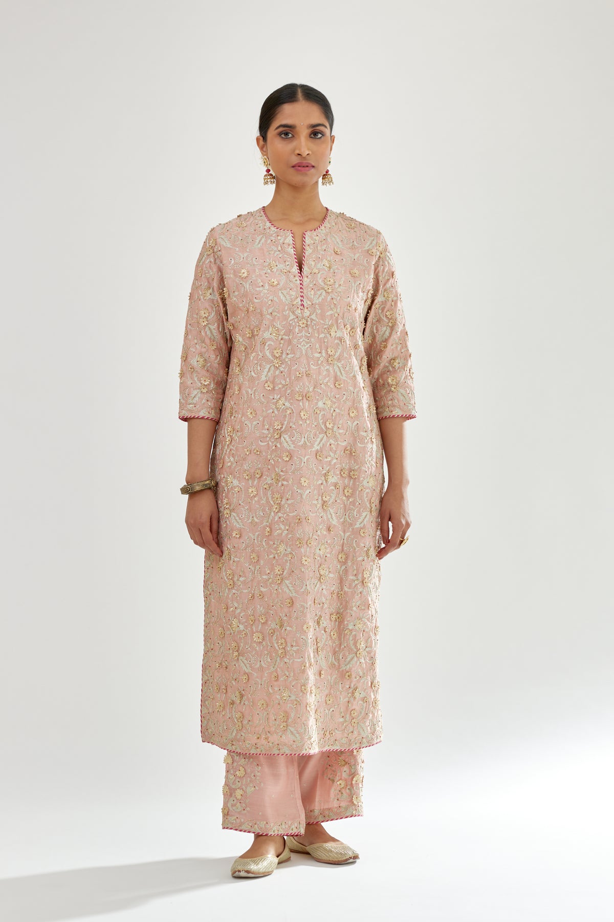 Pink Silk Chanderi Straight Kurta Set With All-over Embroidery