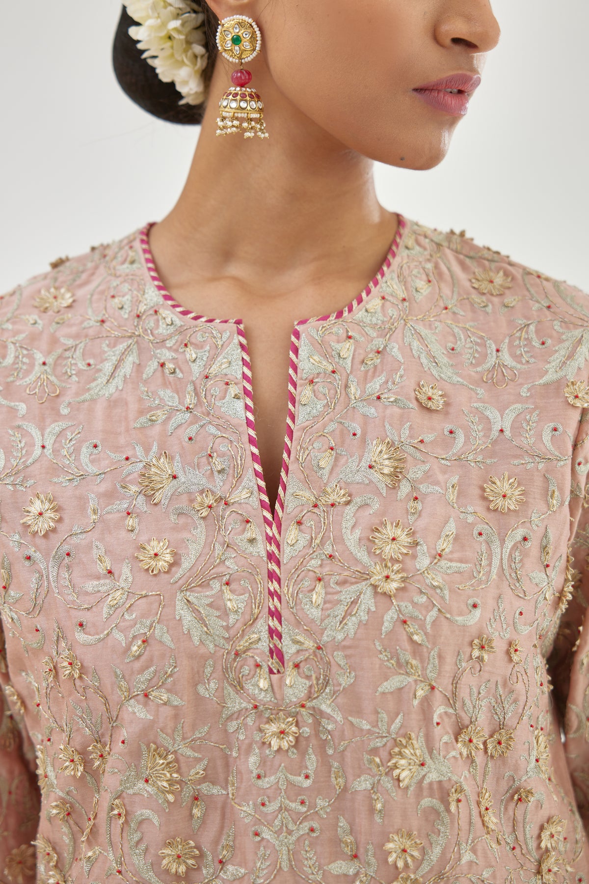 Pink Silk Chanderi Straight Kurta Set With All-over Embroidery