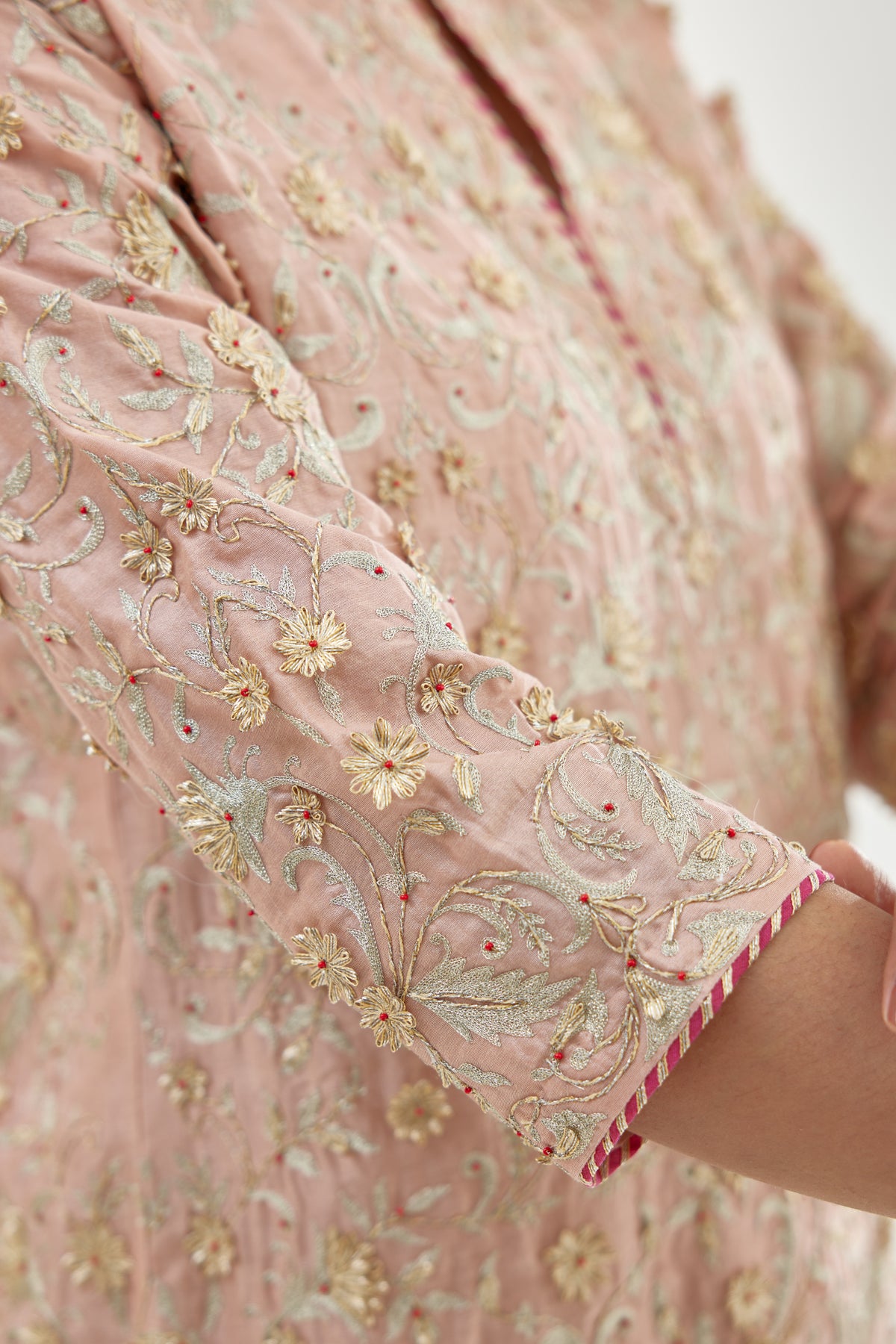 Pink Silk Chanderi Straight Kurta Set With All-over Embroidery