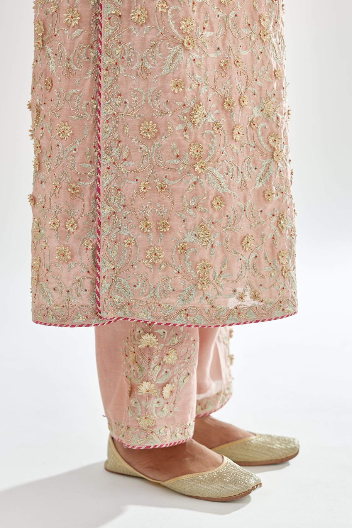 Pink Silk Chanderi Straight Kurta Set With All-over Embroidery