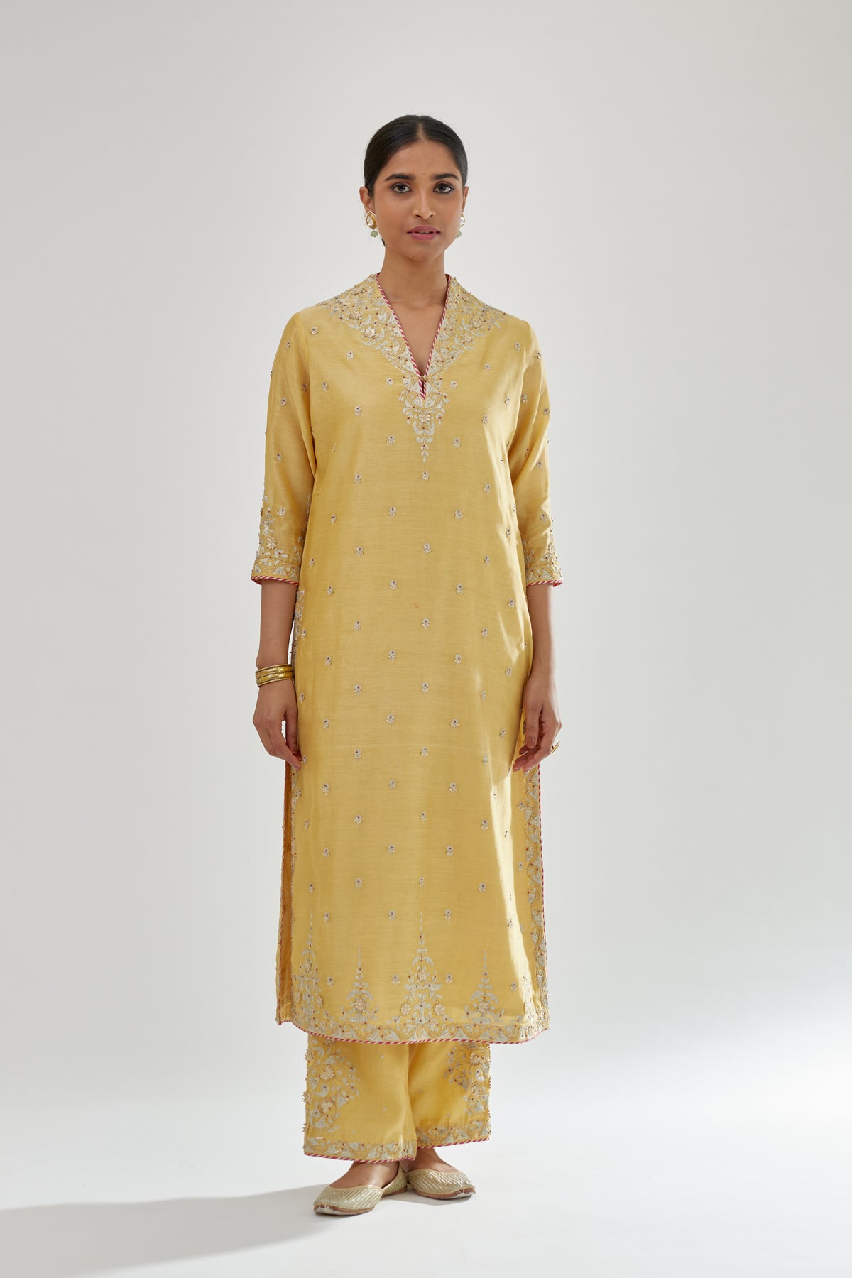 Yellow Silk Chanderi Straight Kurta Set