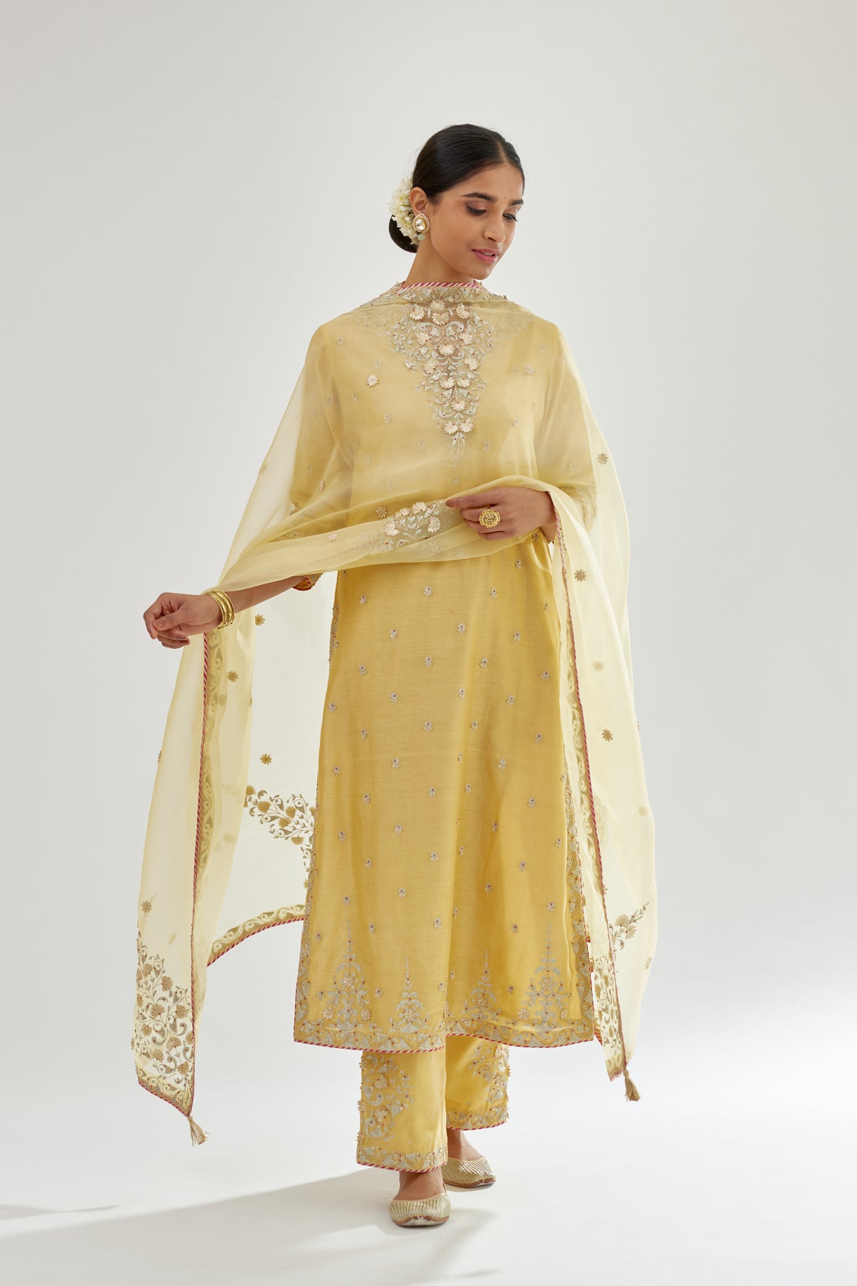 Yellow Silk Chanderi Straight Kurta Set