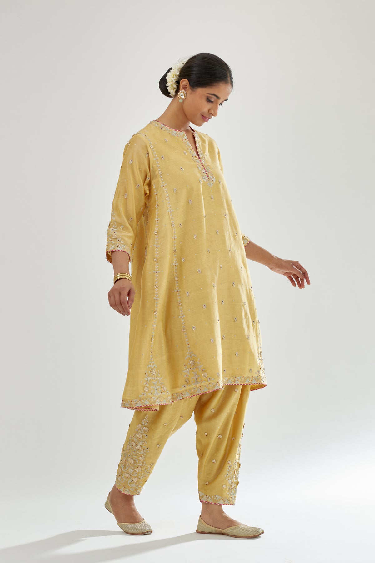 Yellow Silk Chanderi Short Kalidar Kurta Set