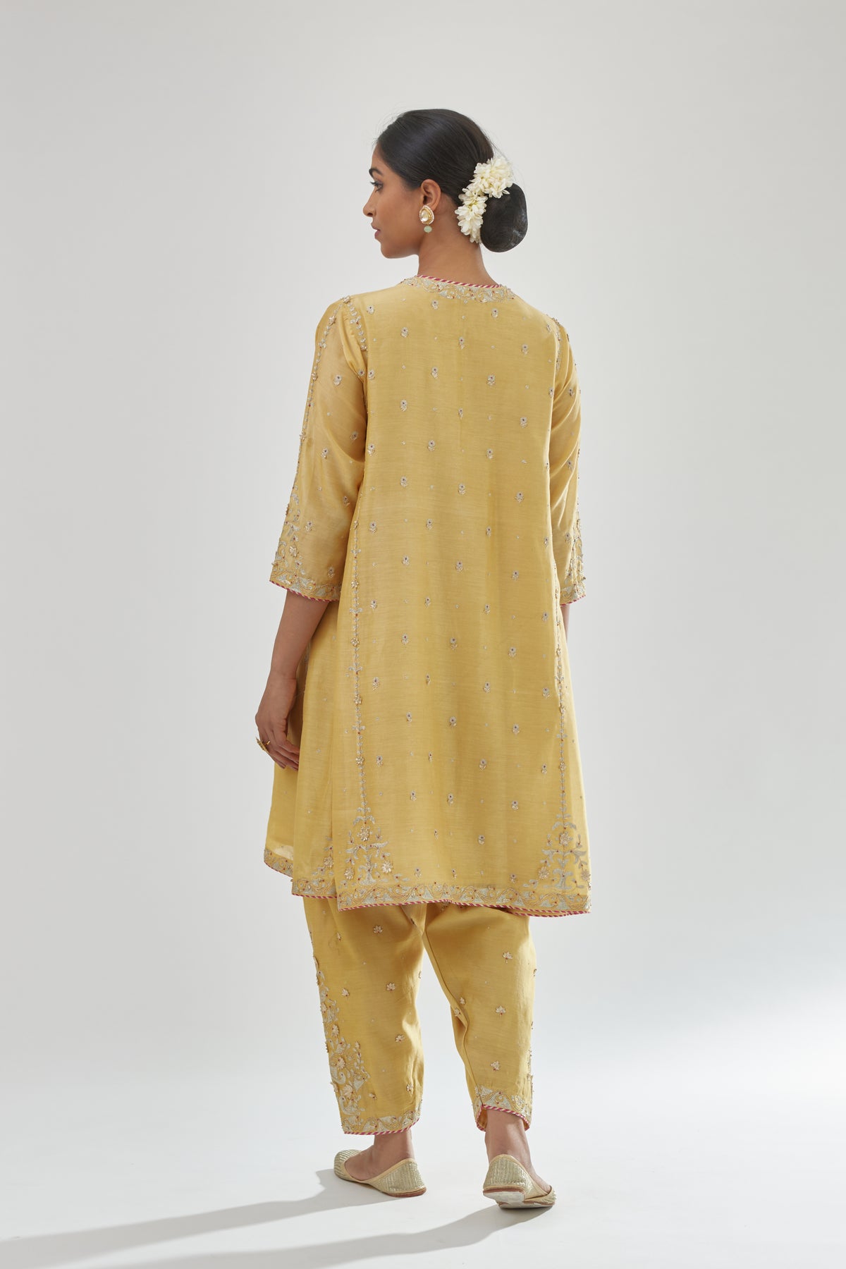 Yellow Silk Chanderi Short Kalidar Kurta Set