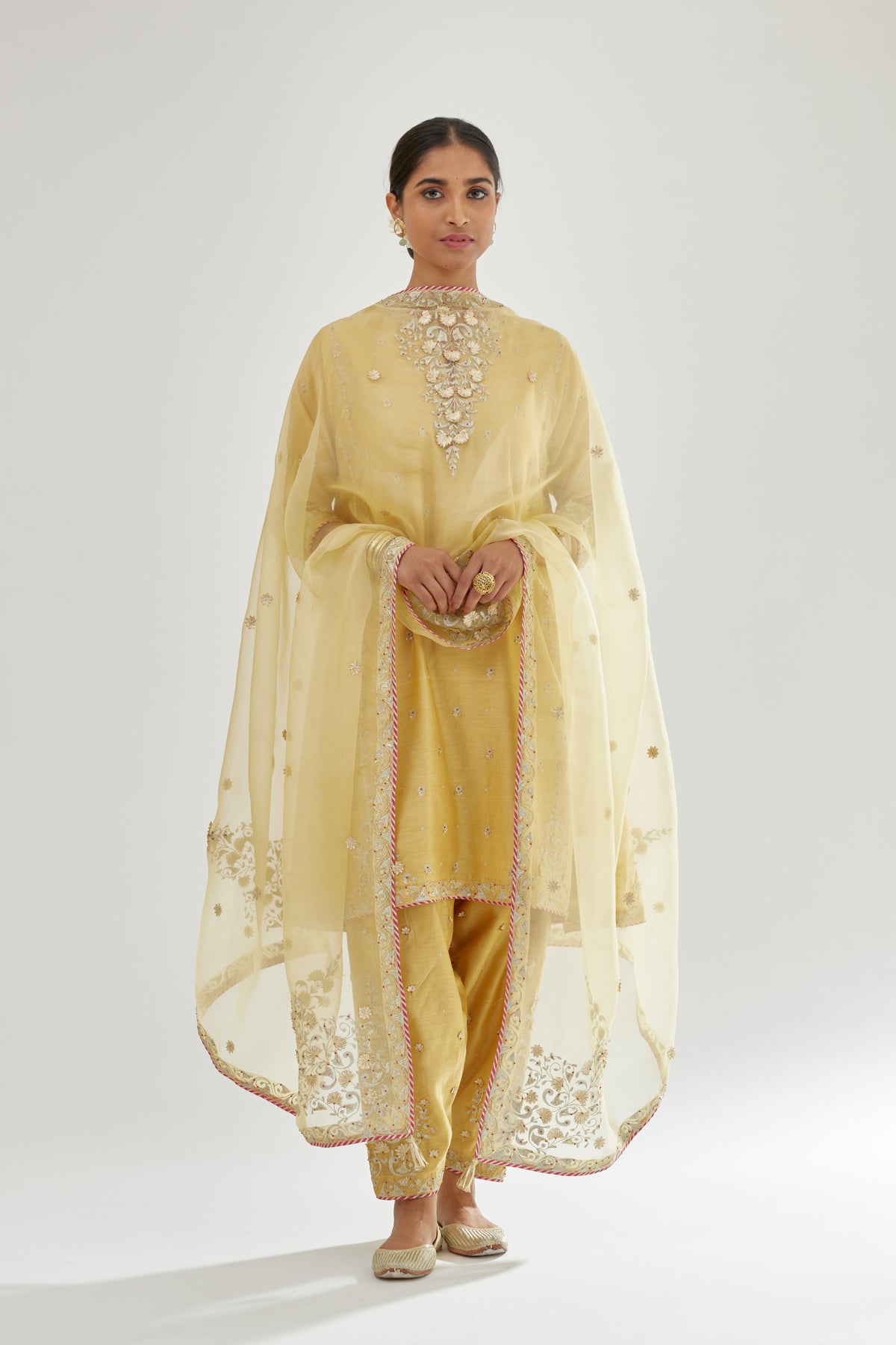 Yellow Silk Chanderi Short Kalidar Kurta Set