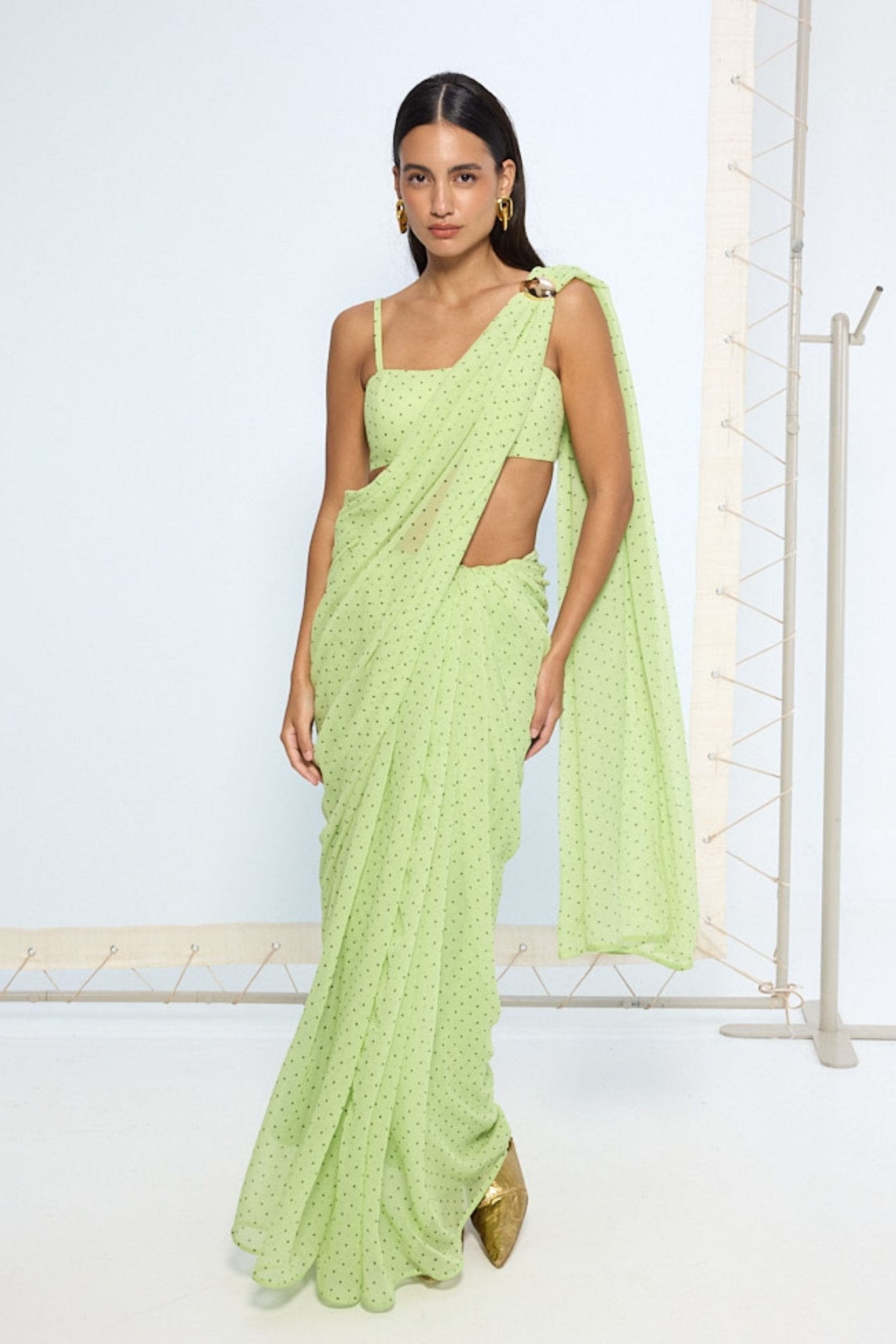 Mint Green Polka Dotted Saree - Ekaya - Elahe