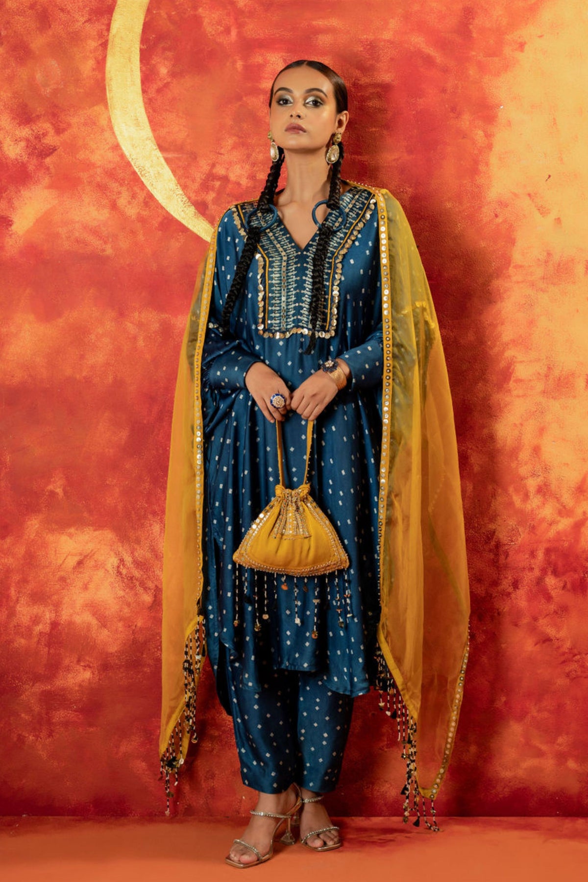 Hira Ajrakh Indigo Kaftan Set