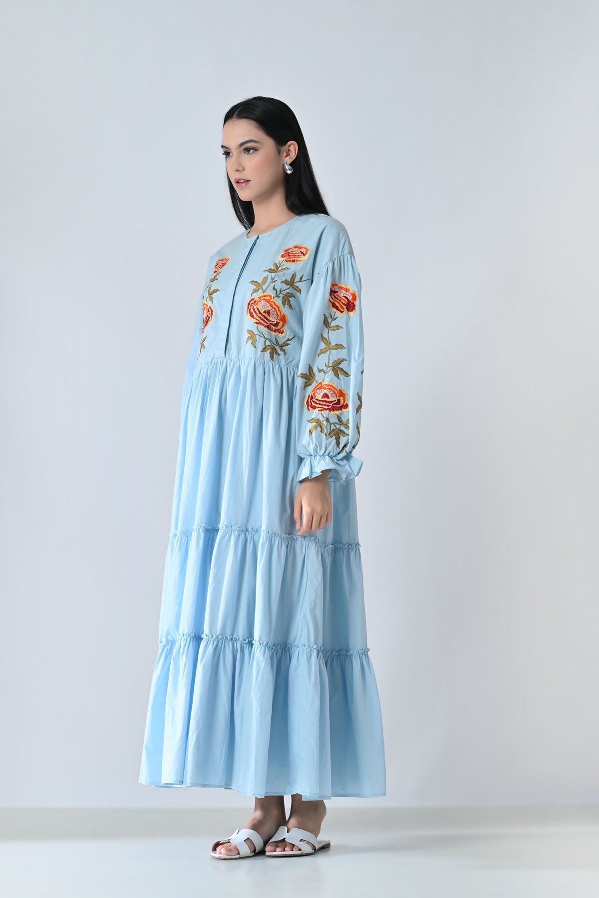 Powder Blue Embroidered Tiered Dress