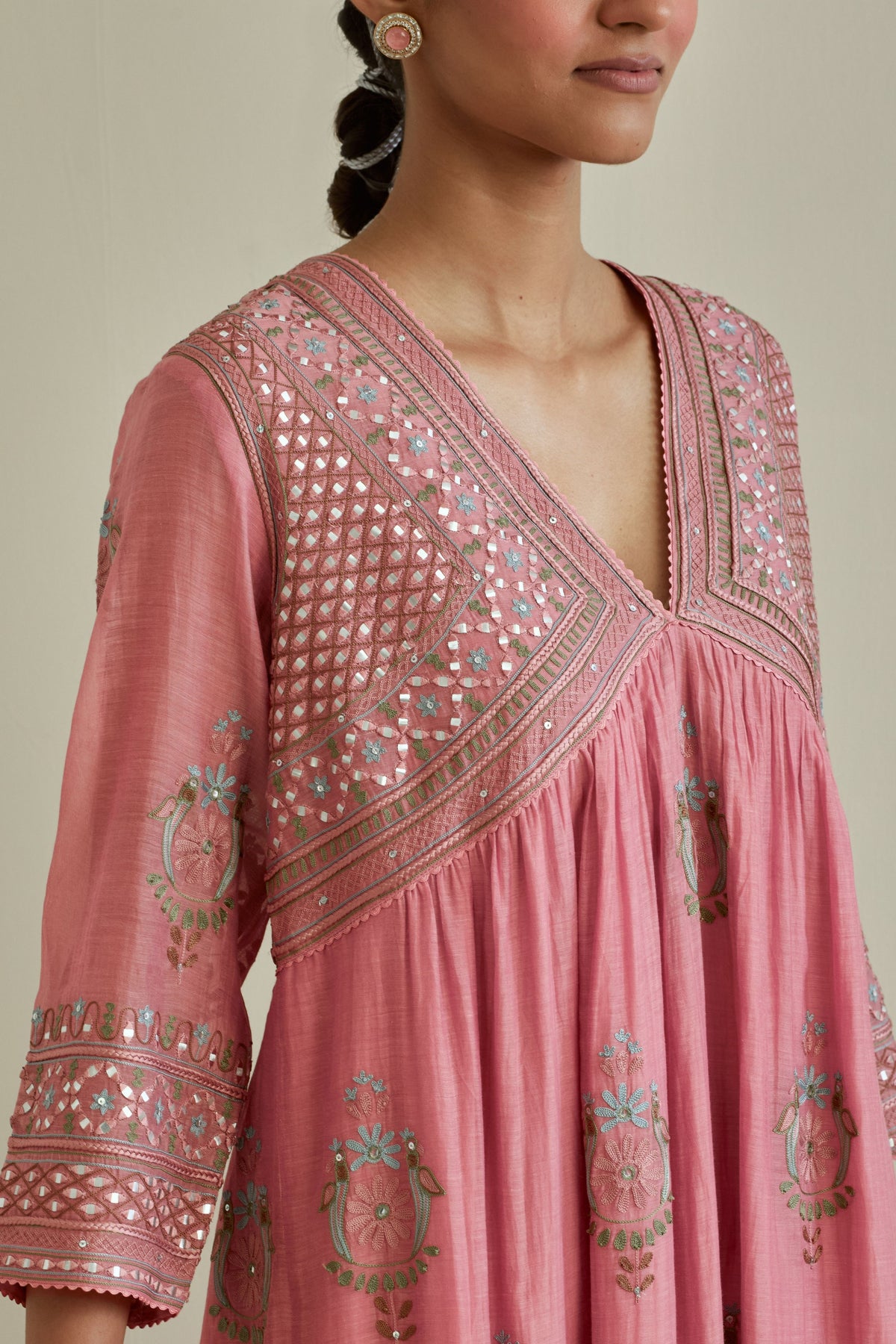 Pink V Neck Yoke Kurta Set