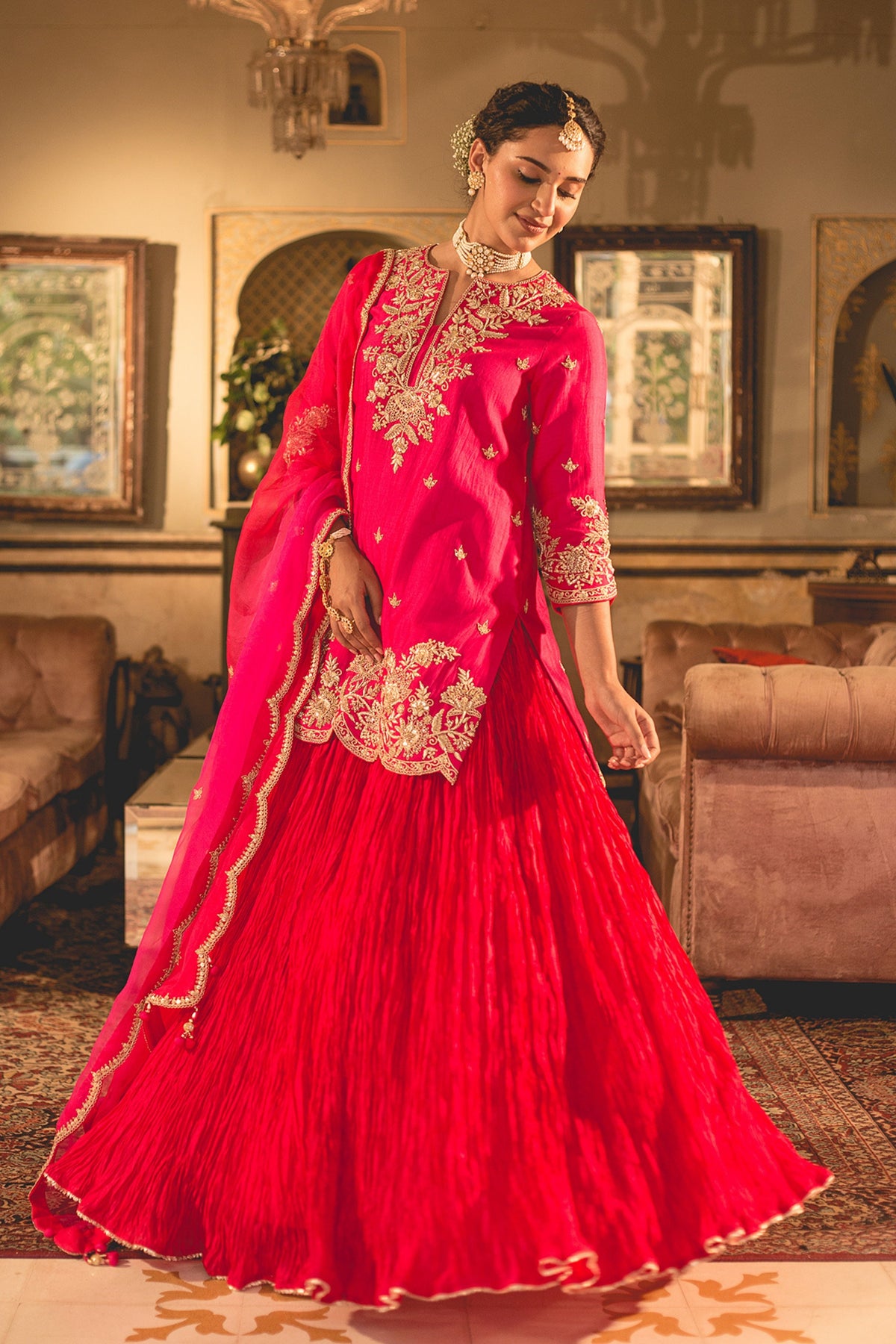 Hot Pink Red Skirt Set