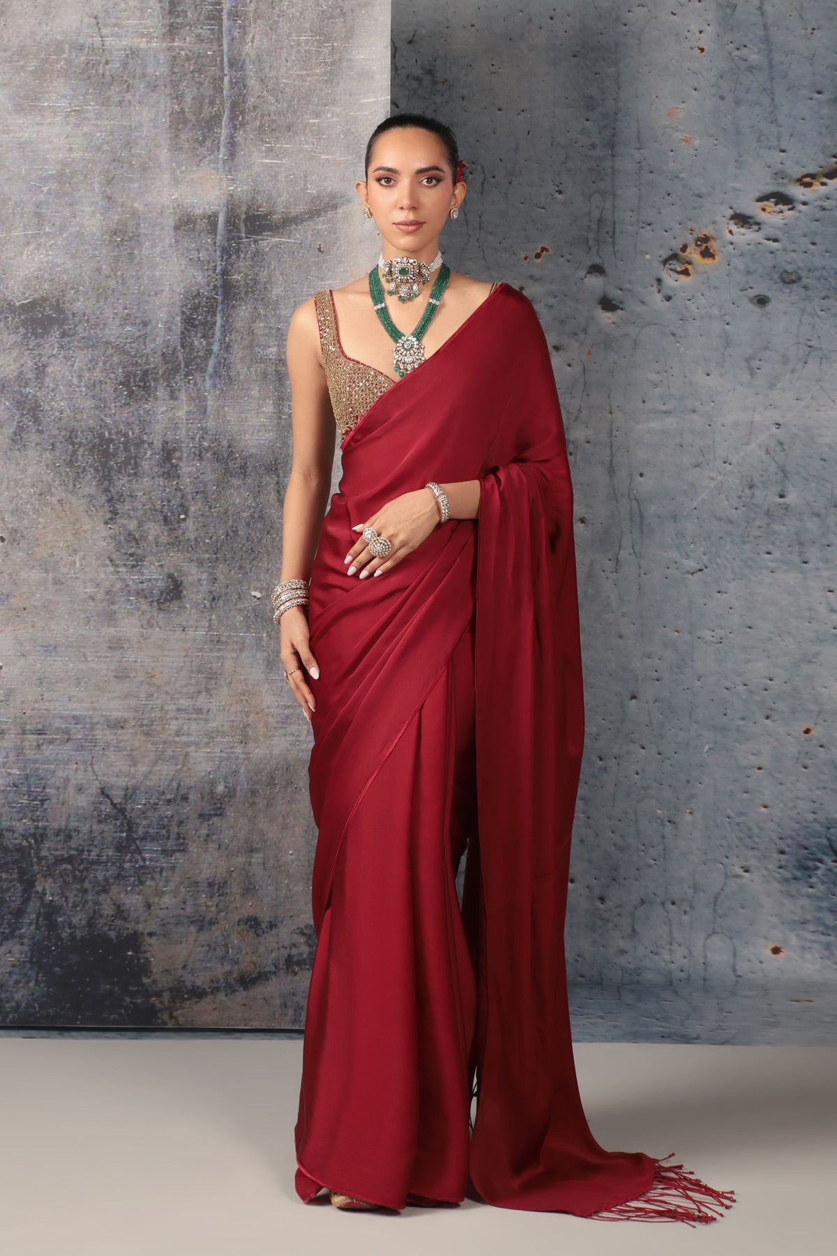 Maroon Fringe Saree Set