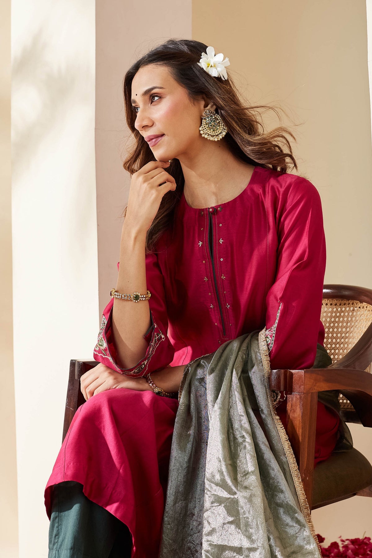 Magenta Floral Chanderi Kurta Set