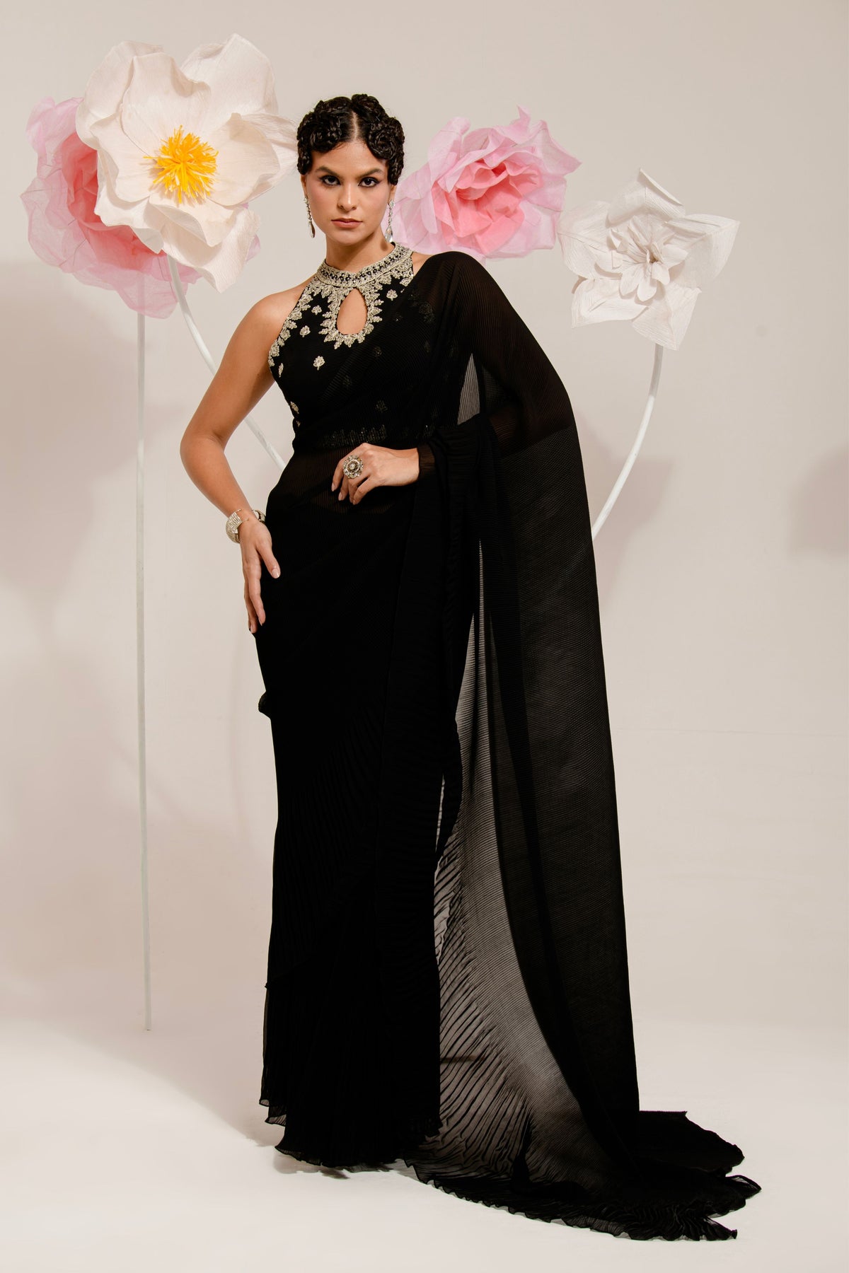 Pre-draped Black Pleated Saree Set
