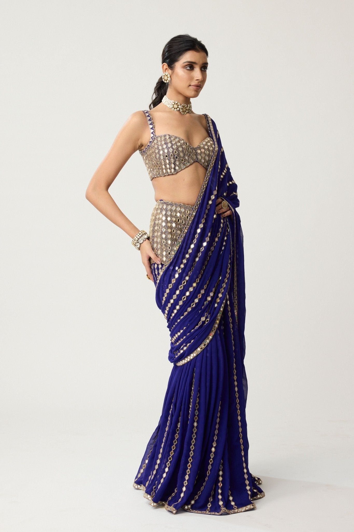 Persian Blue Fitted Saree Set - Vvani by Vani Vats - Elahe