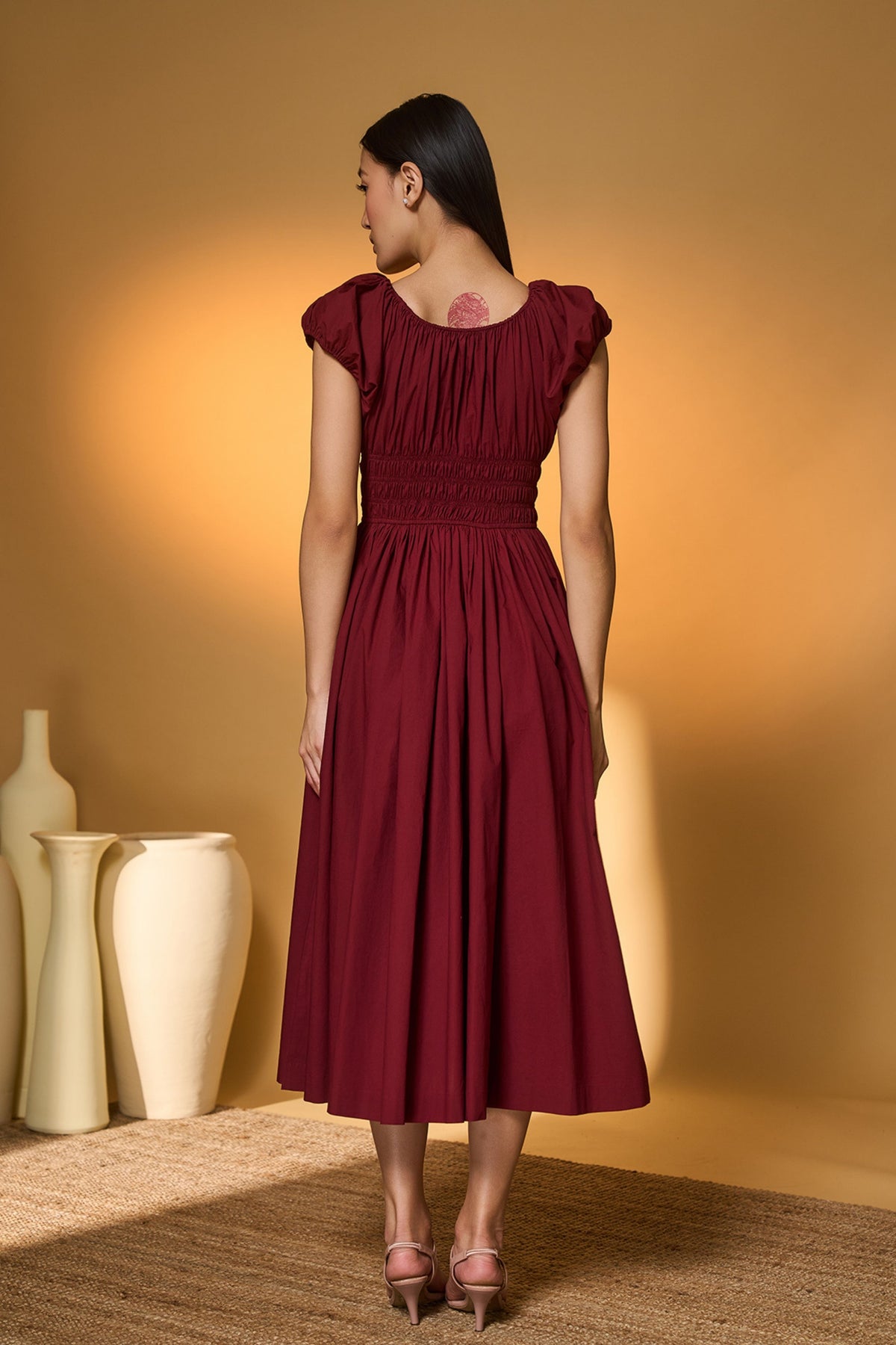 Maroon Smocked Midi Dress