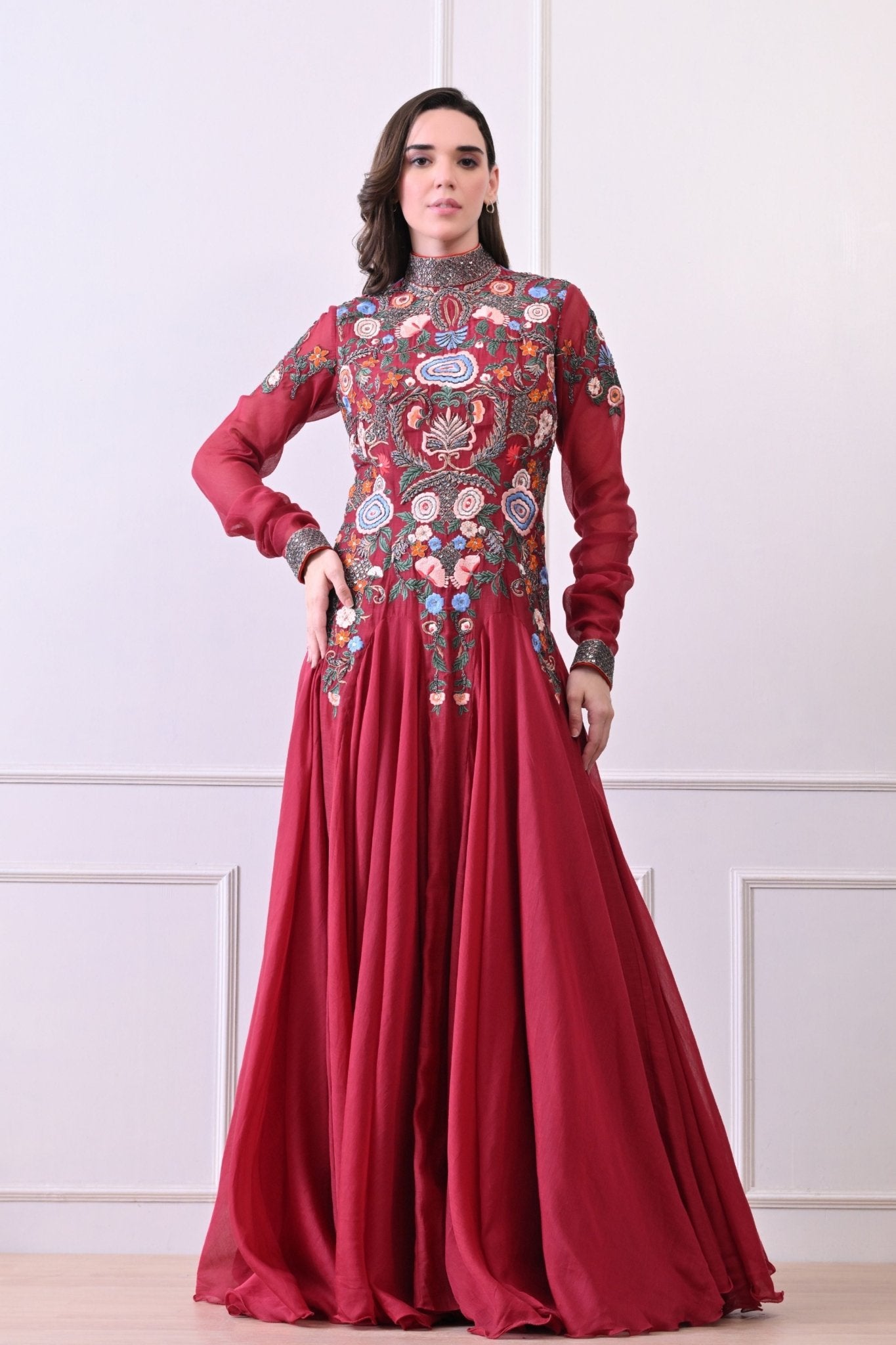 Maroon High - neck Embroidered Anarkali - Samant Chauhan - Elahe
