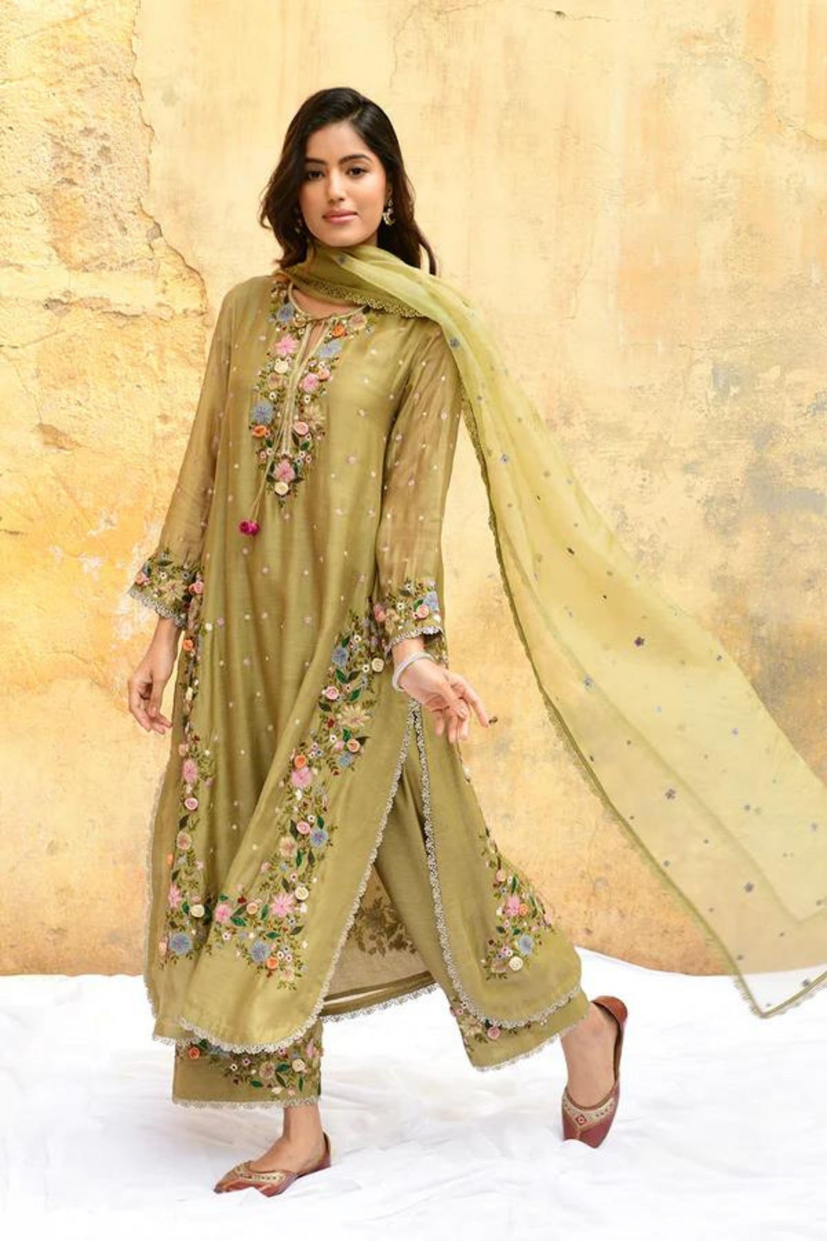 Olive Green Orchid Heavy Kurta Set