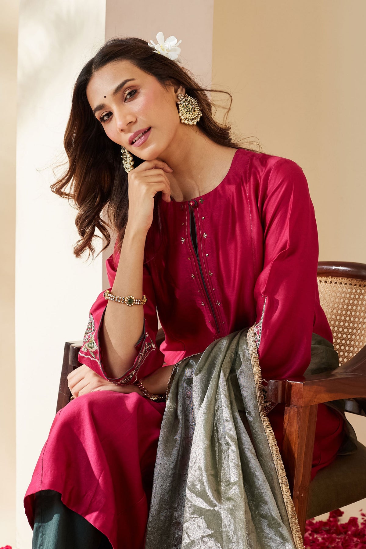 Magenta Floral Chanderi Kurta Set