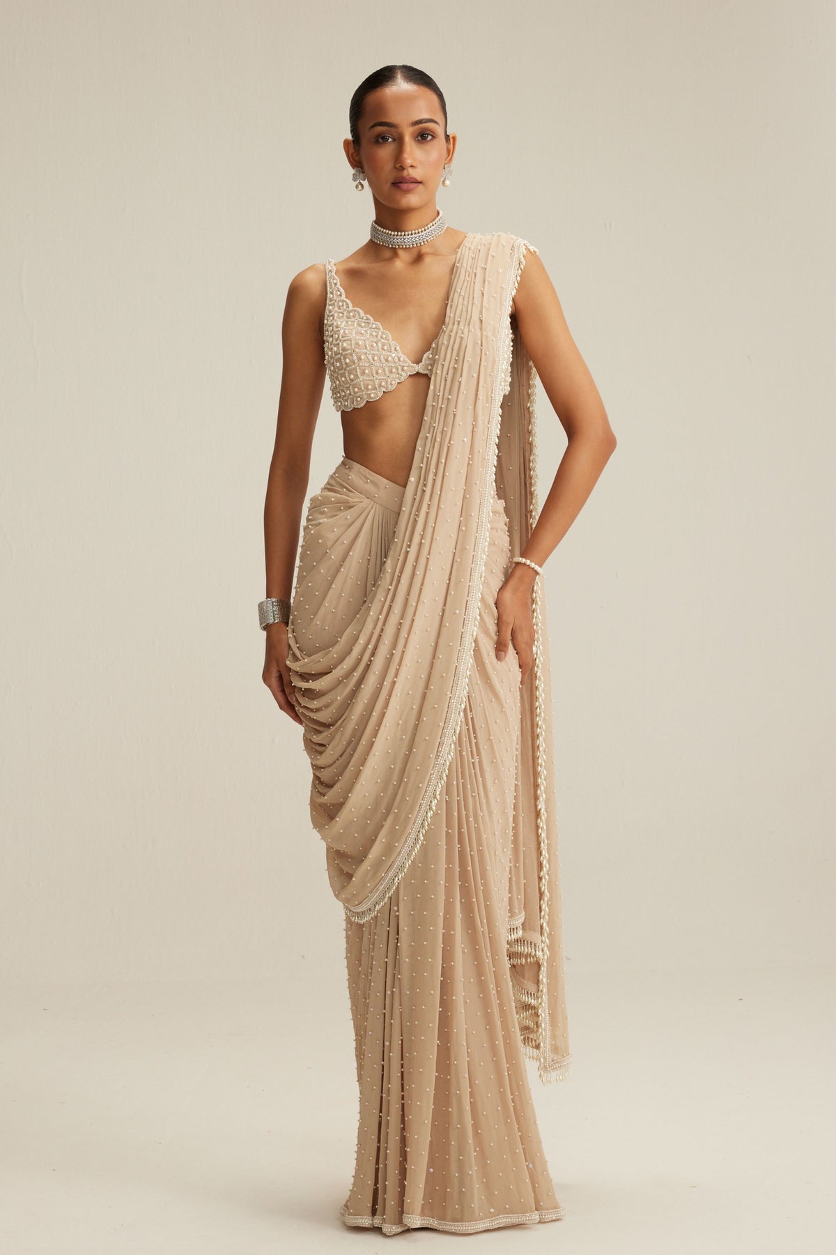 Light Beige Draped Saree Set