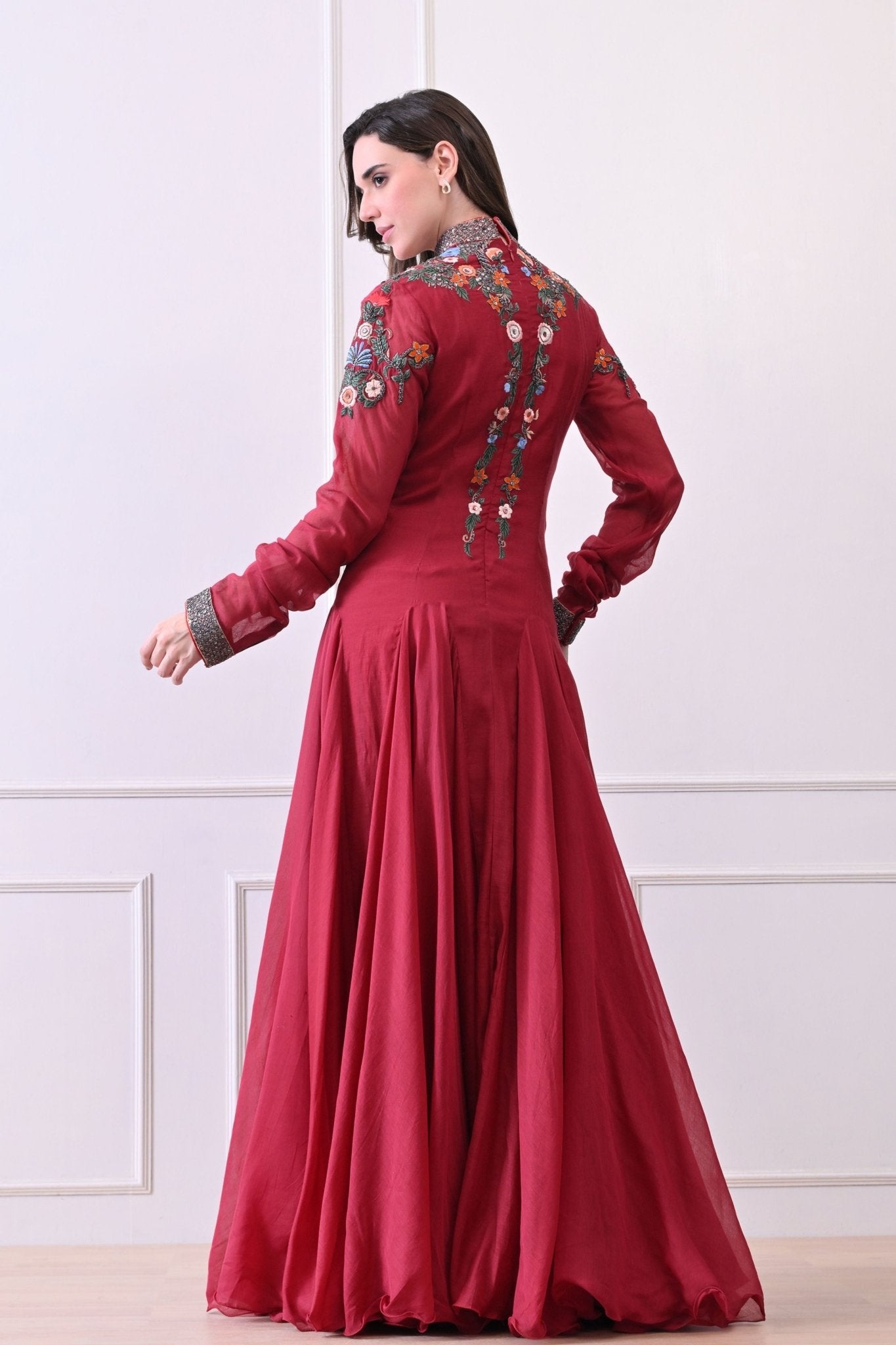 Maroon High - neck Embroidered Anarkali - Samant Chauhan - Elahe