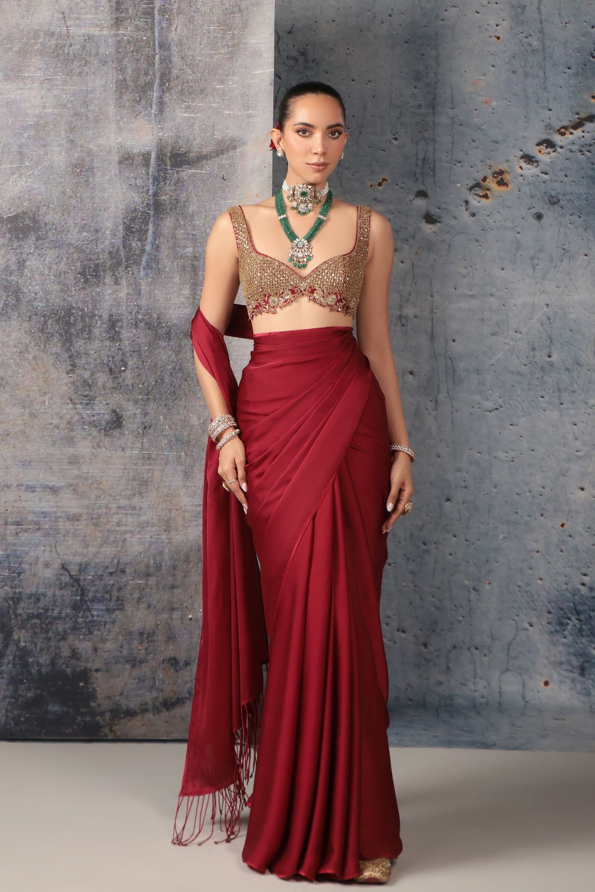 Maroon Fringe Saree Set