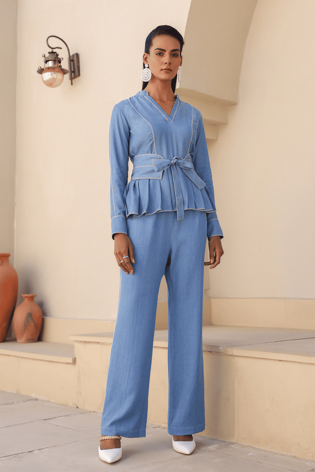 Azure Pleated Peplum Co-ord Set in Light Blue