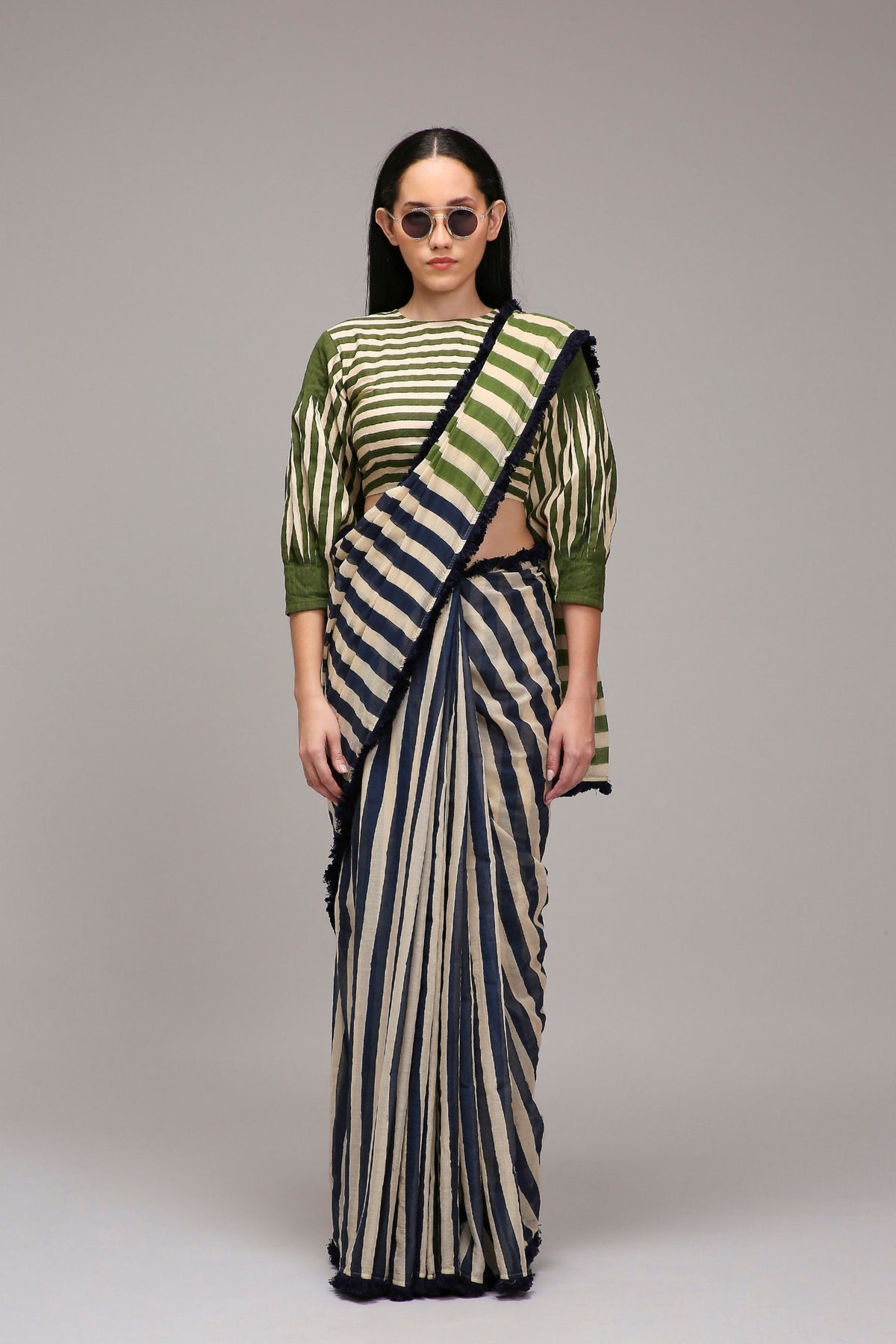 Egg-shell Blue Green Dual Striped Saree