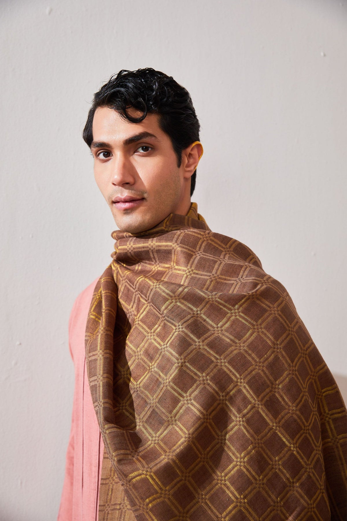 Zari Check Reversible Mud Brown Stole