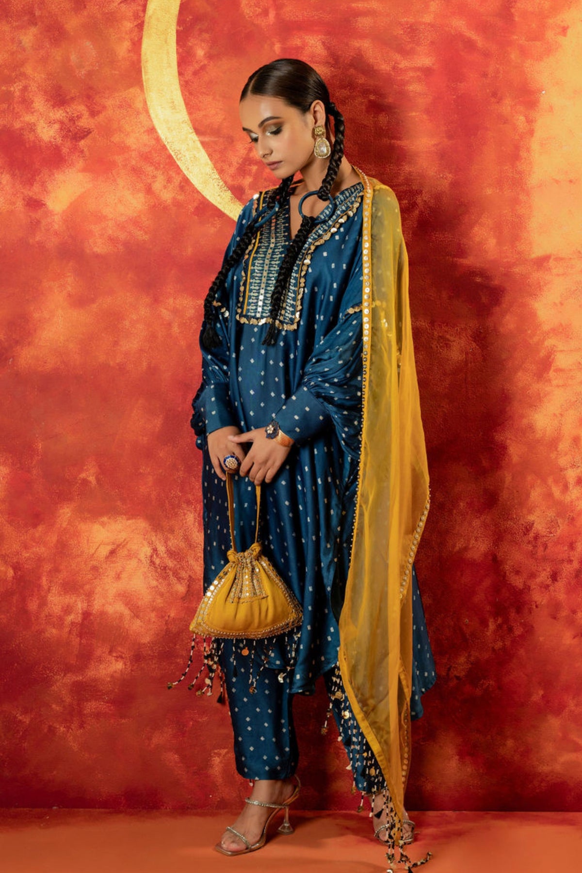 Hira Ajrakh Indigo Kaftan Set
