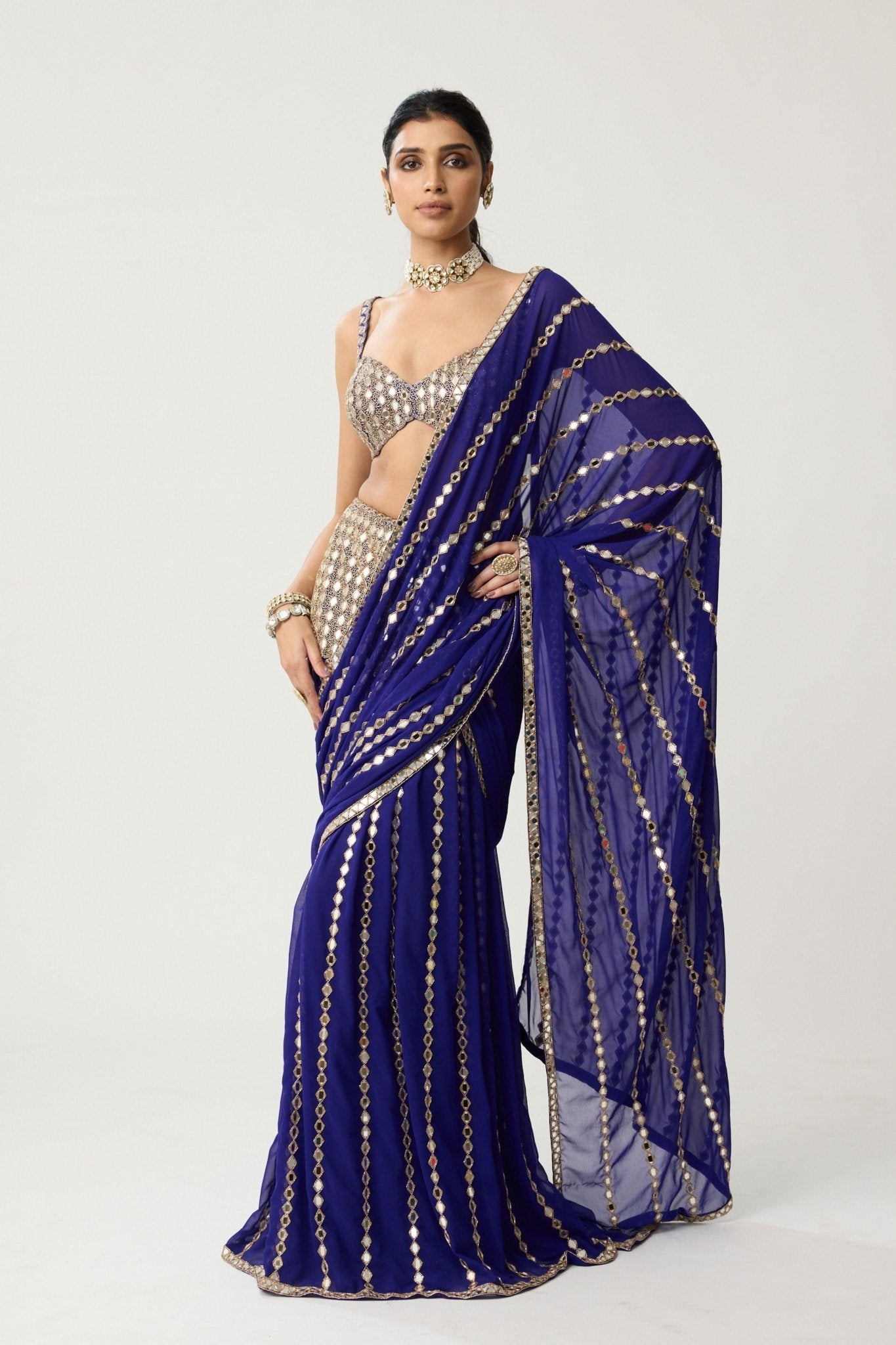 Persian Blue Fitted Saree Set - Vvani by Vani Vats - Elahe