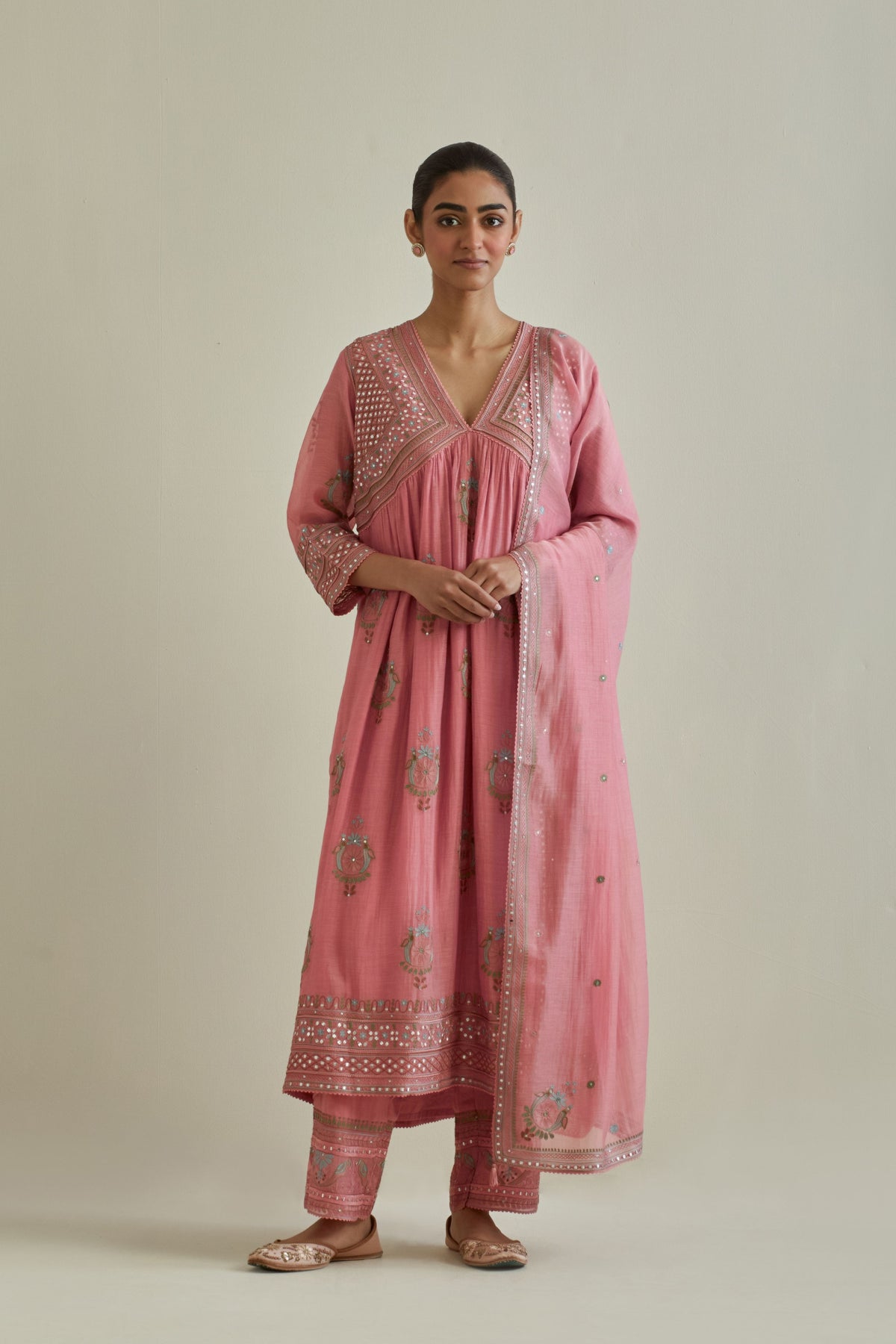 Pink V Neck Yoke Kurta Set