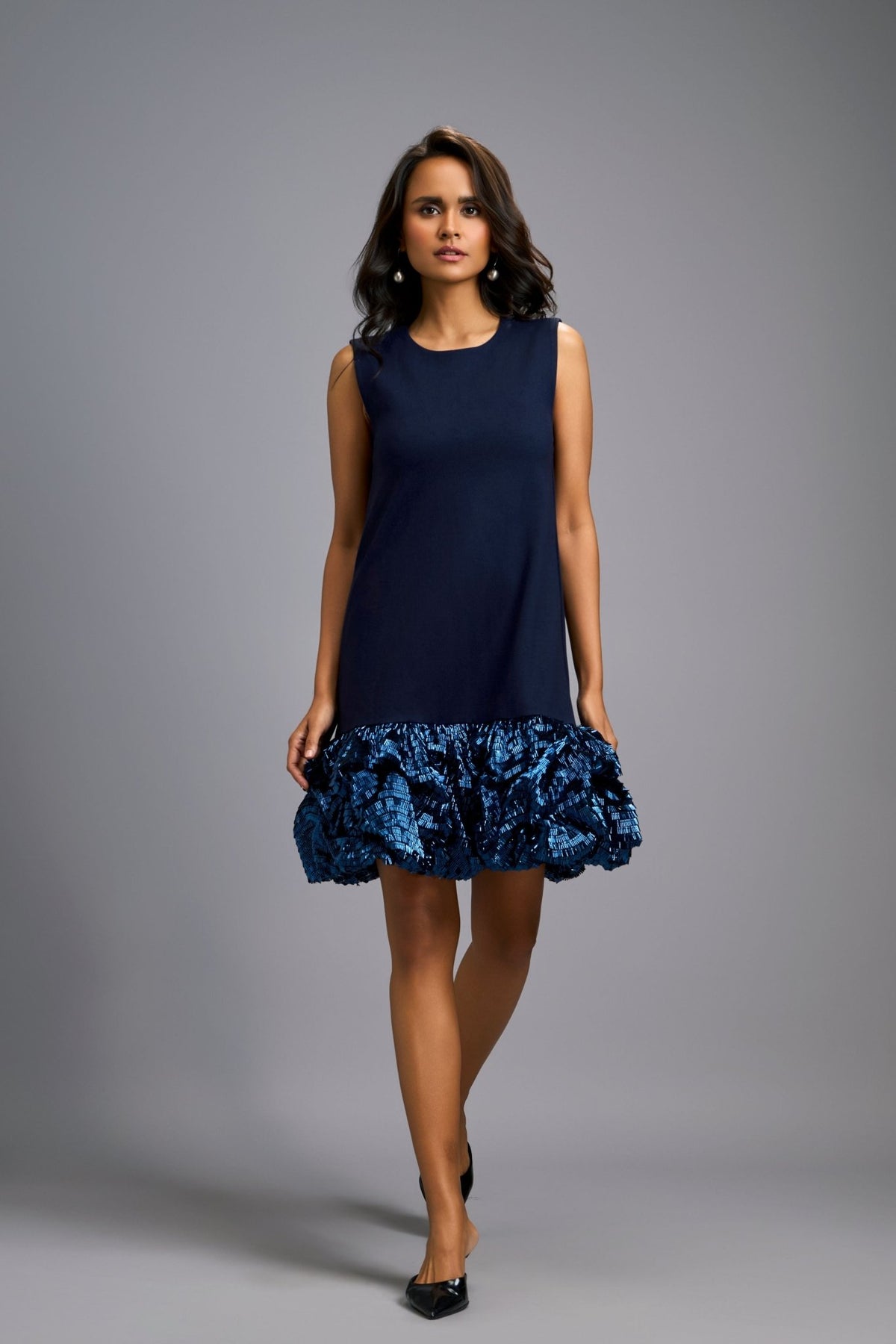 Ruffled Shimmer Navy Dress - Deepika Arora - Elahe