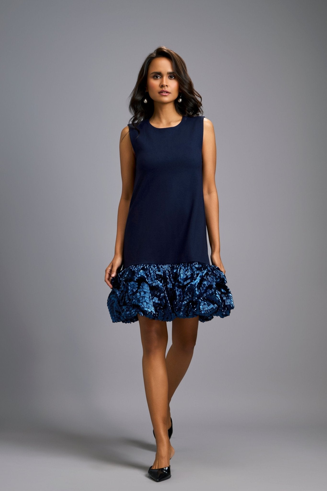 Ruffled Shimmer Navy Dress - Deepika Arora - Elahe