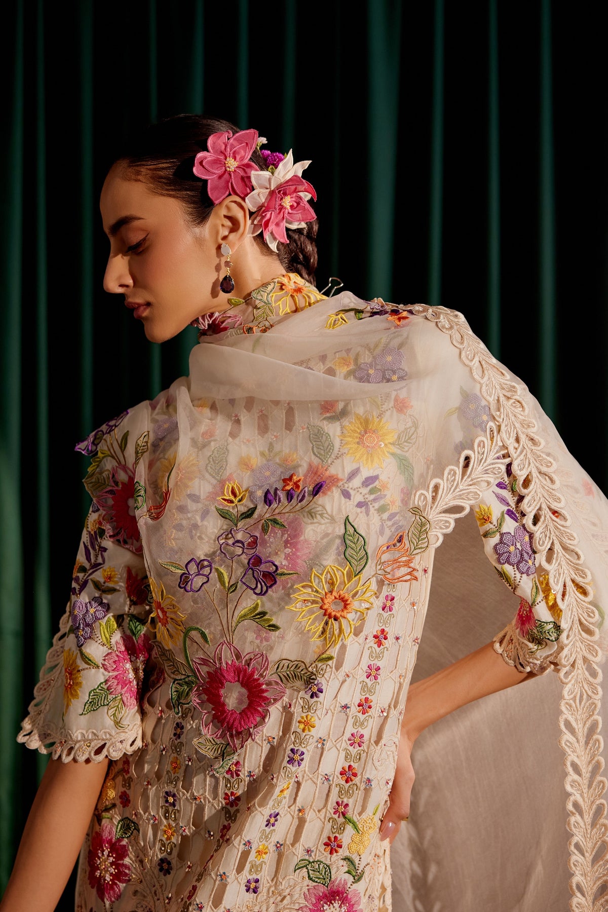 Ivory Multicolor Floral Cutwork Dupatta