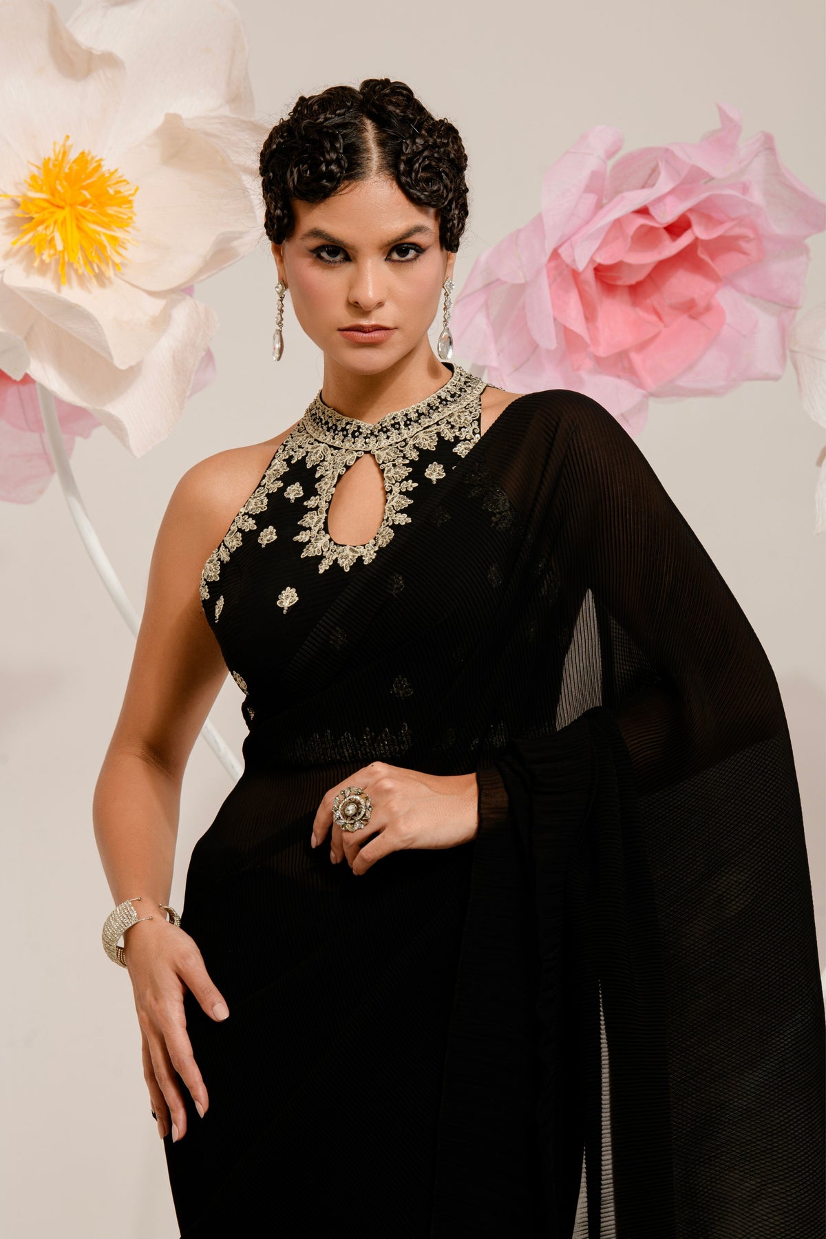 Pre-draped Black Pleated Saree Set