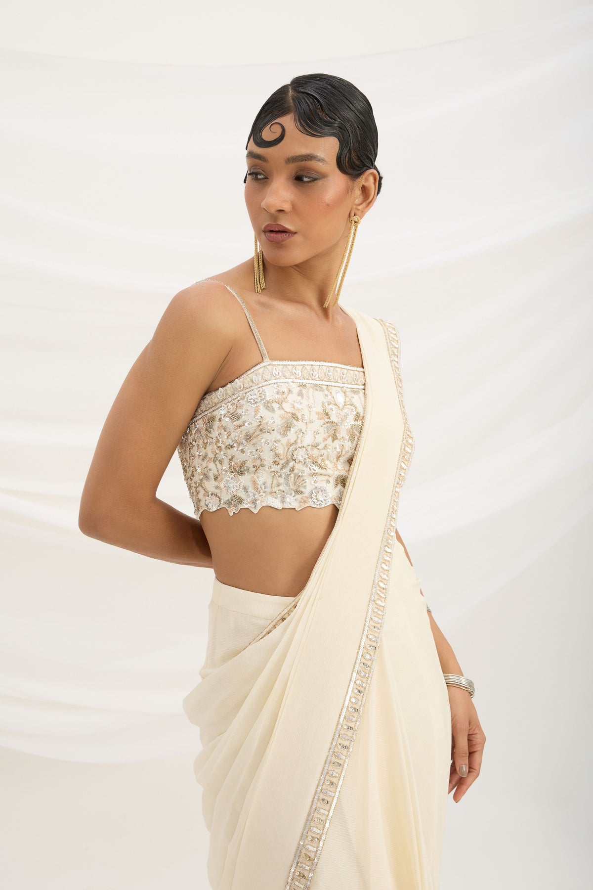 Beige Drape Saree Set