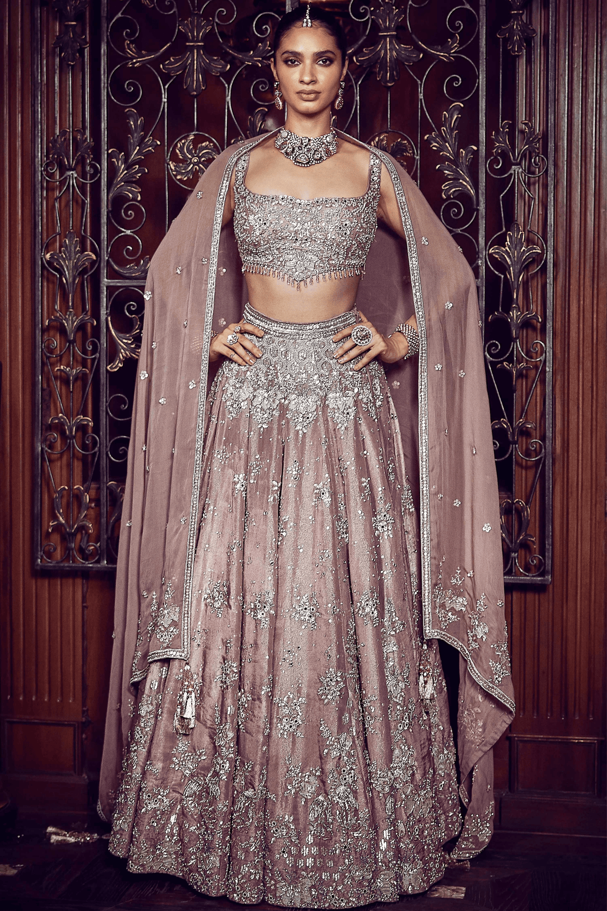 French Rose Aurum Tissue Lehenga