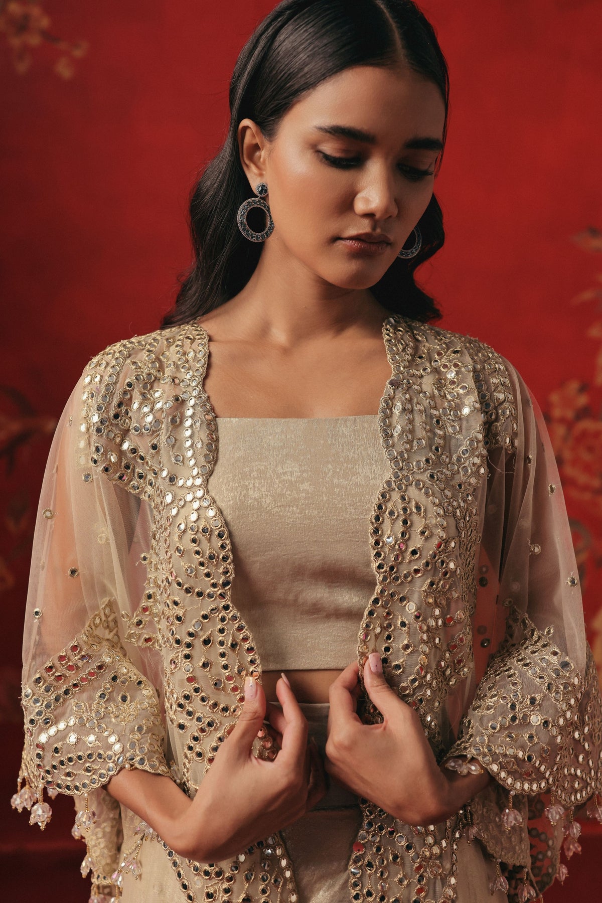 Tulle Mirror Work Cape Set