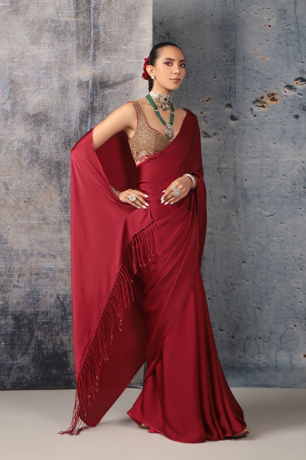 Maroon Fringe Saree Set