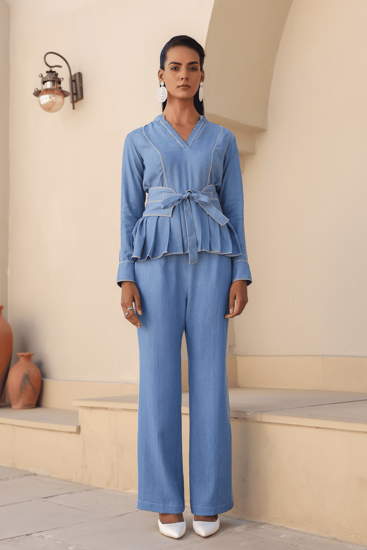 Azure Pleated Peplum Co-ord Set in Light Blue