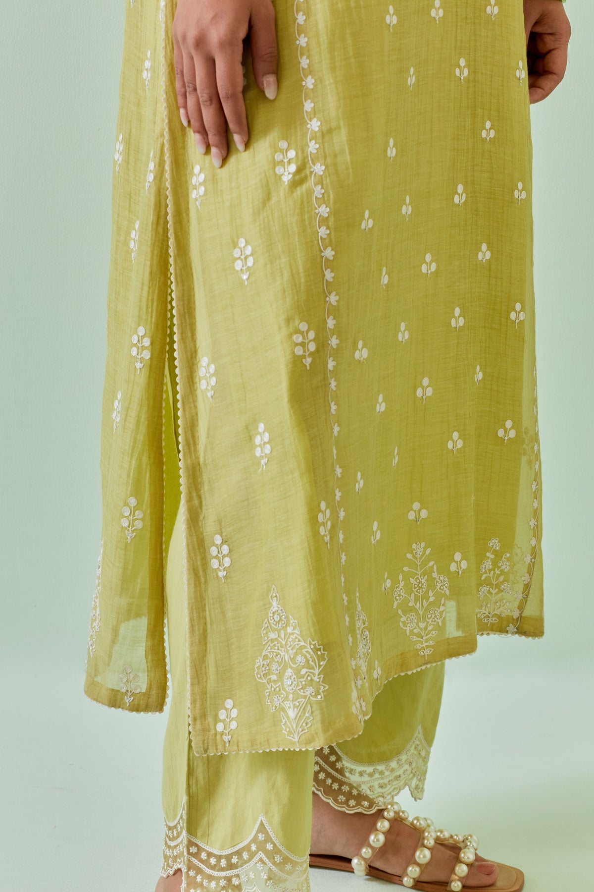 Green Scalloped Straight Kurta Set