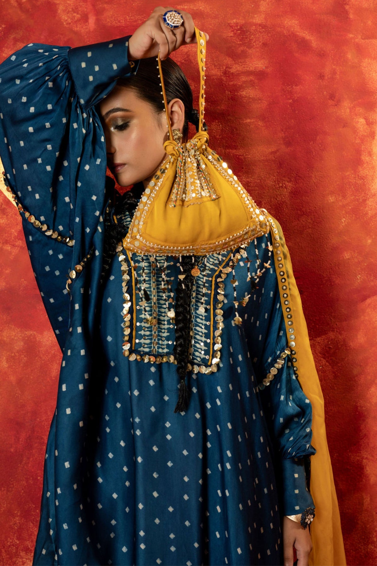 Hira Ajrakh Indigo Kaftan Set