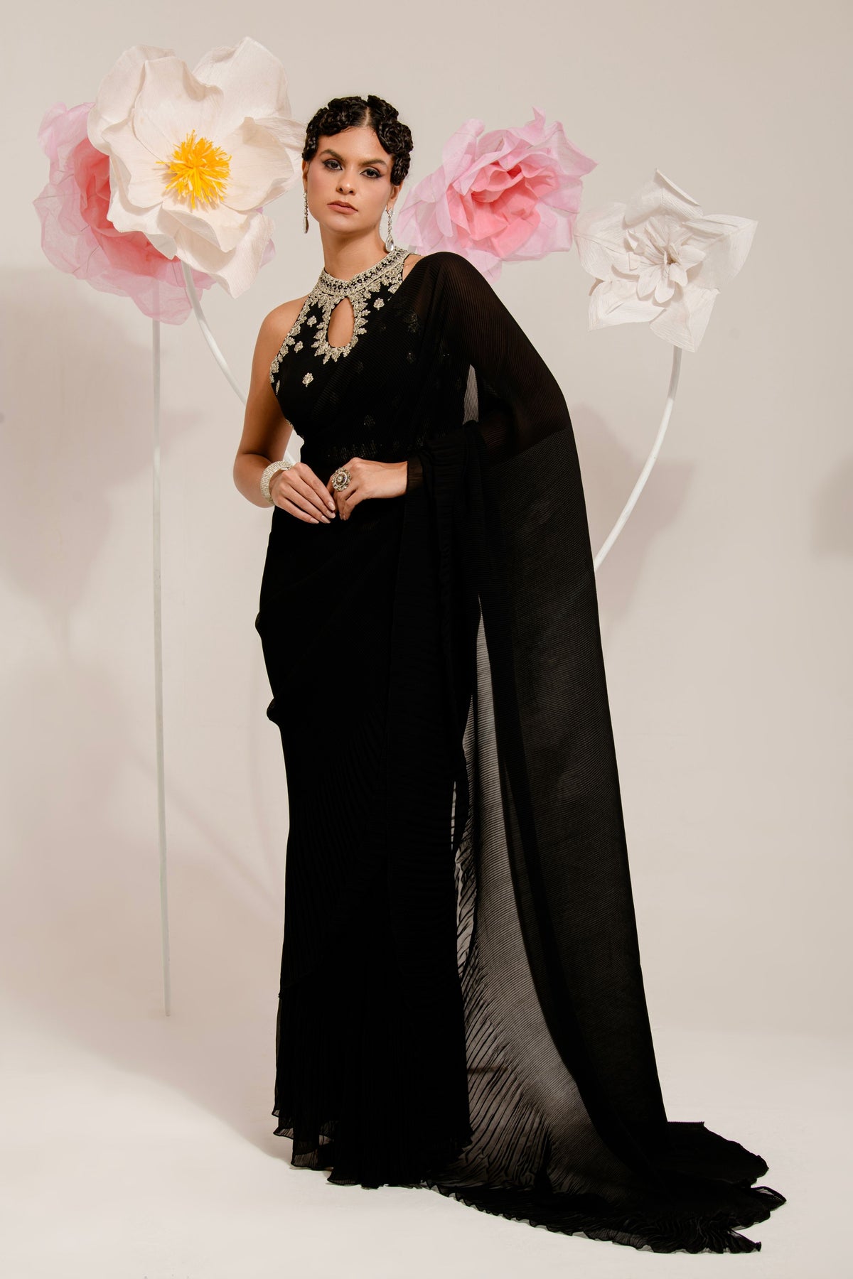 Pre-draped Black Pleated Saree Set