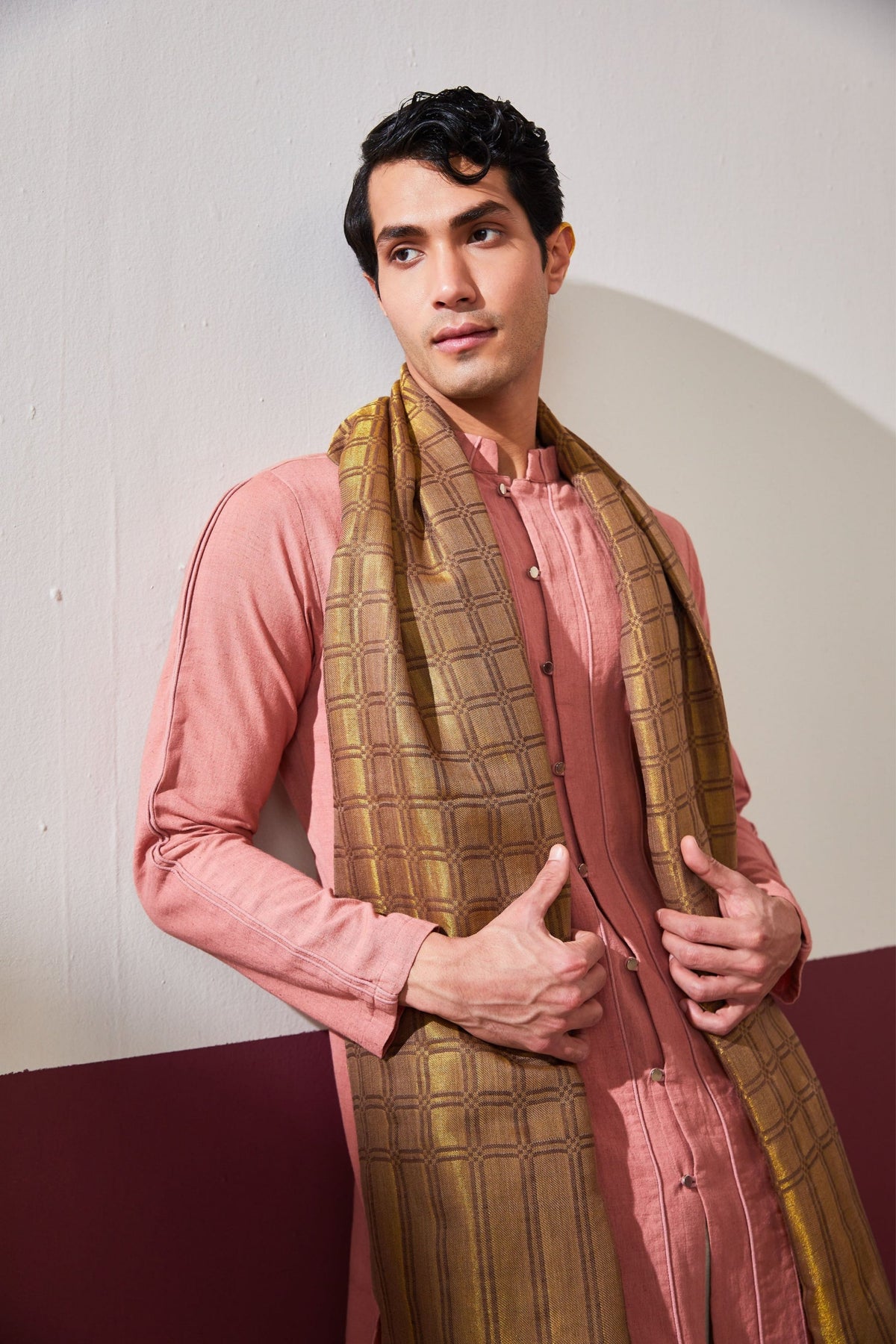 Zari Check Reversible Mud Brown Stole