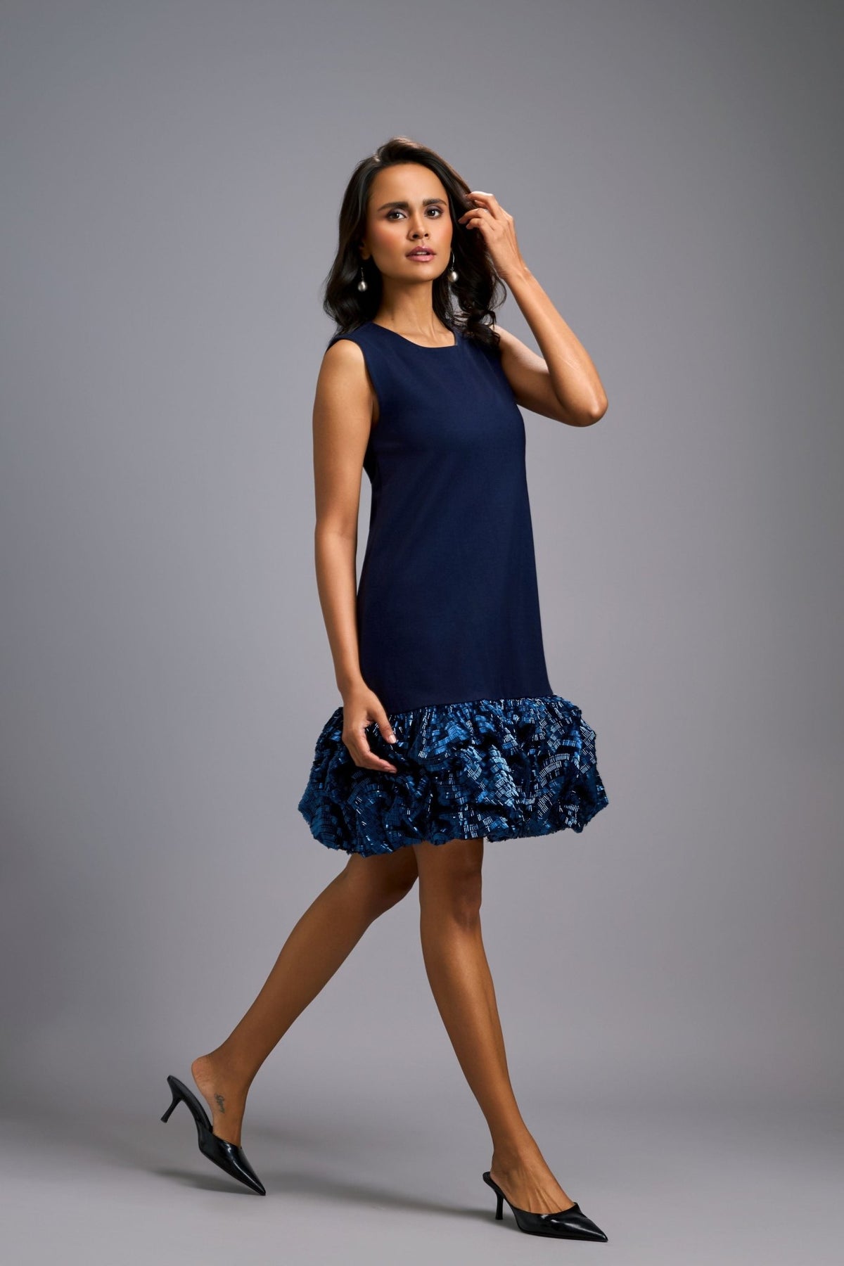 Ruffled Shimmer Navy Dress - Deepika Arora - Elahe